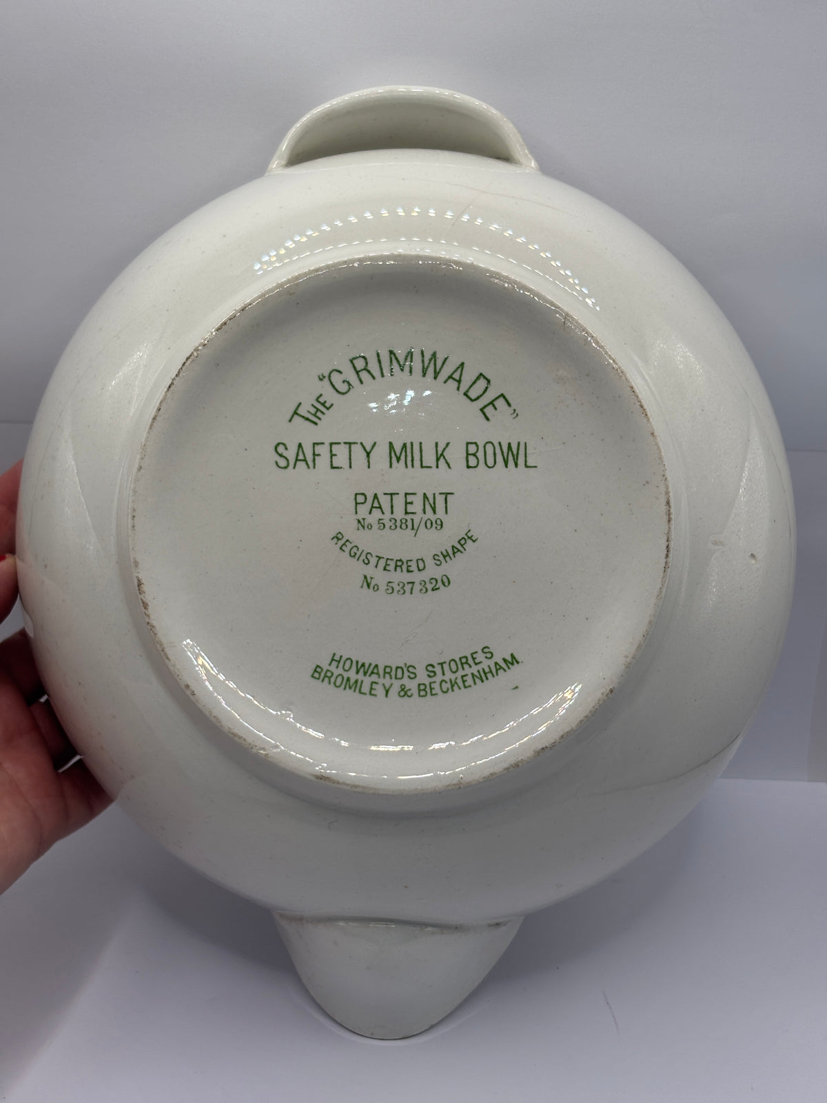 Old milk bowl and strainer, Grimwade safety milk bowl
