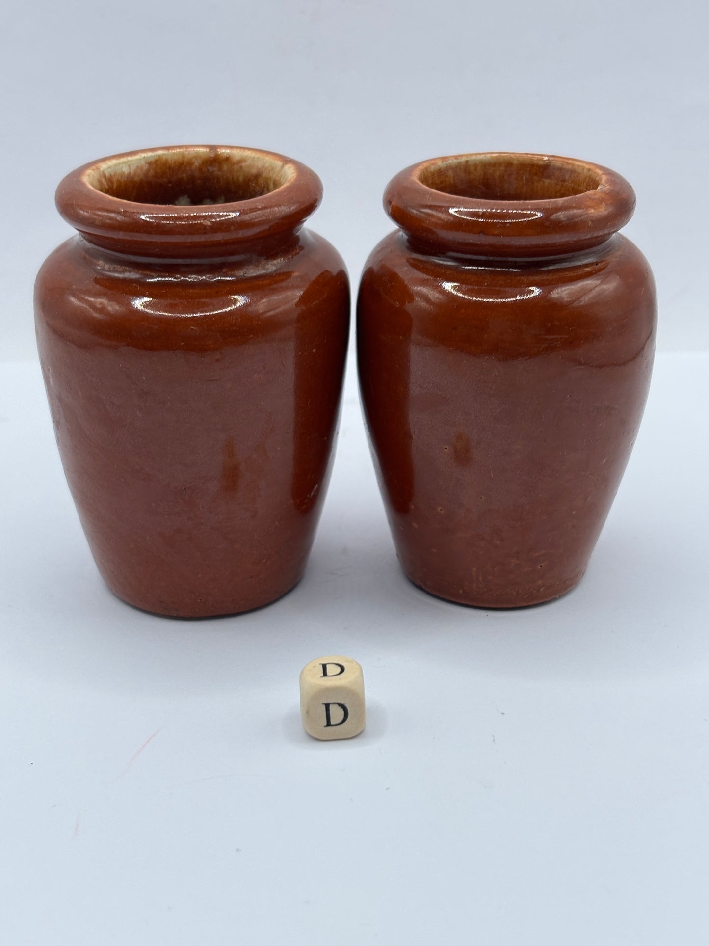 2 old small brown stoneware cream pots (D)