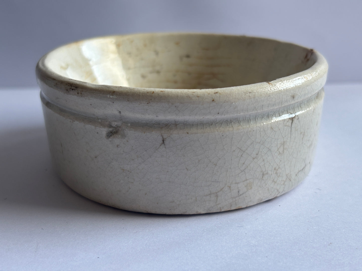 Old stained & crazed stoneware meat paste pot