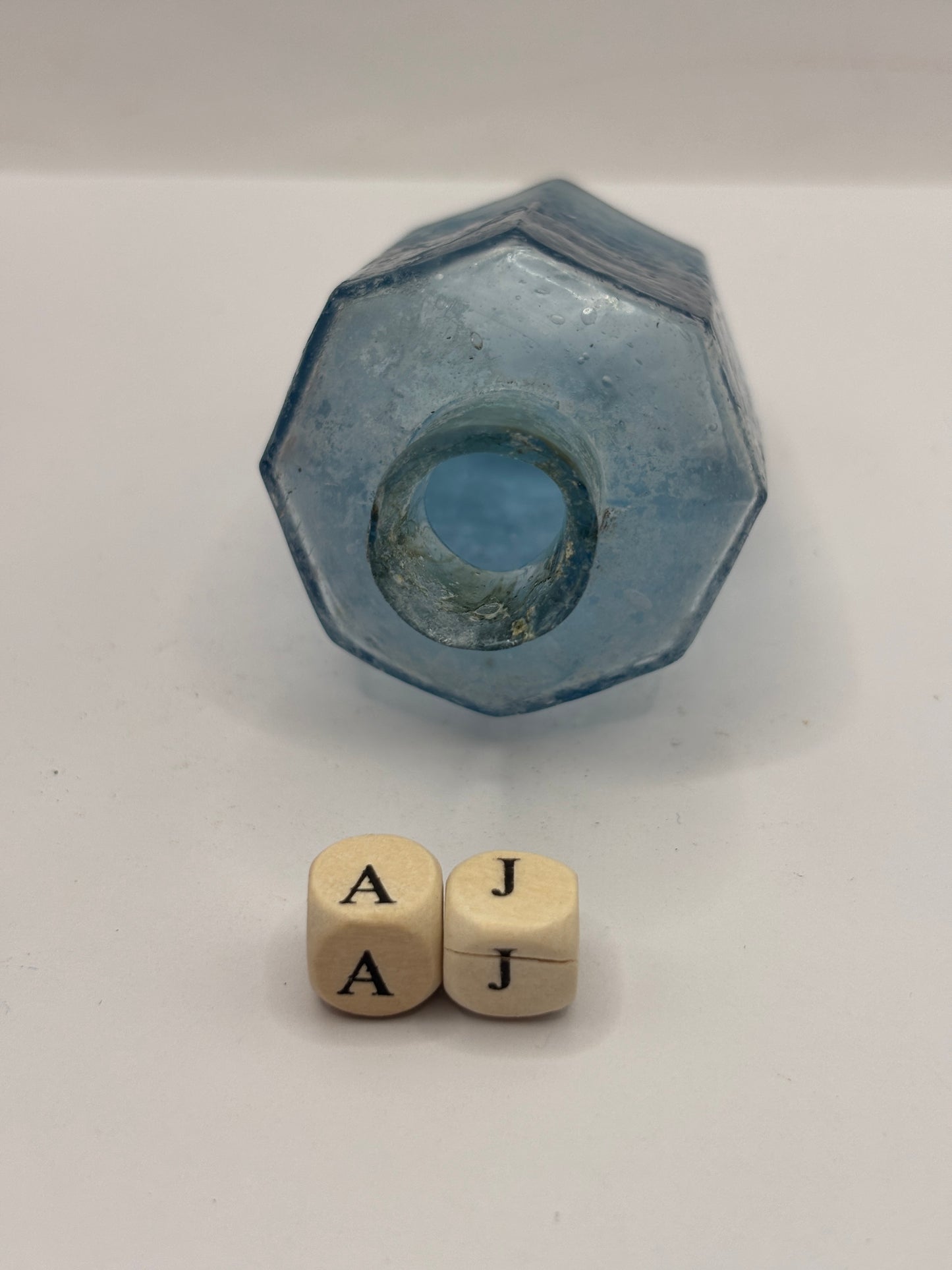 Old crusty blue glass inkwell, tipper ink, ink bottle, penny ink (AJ)