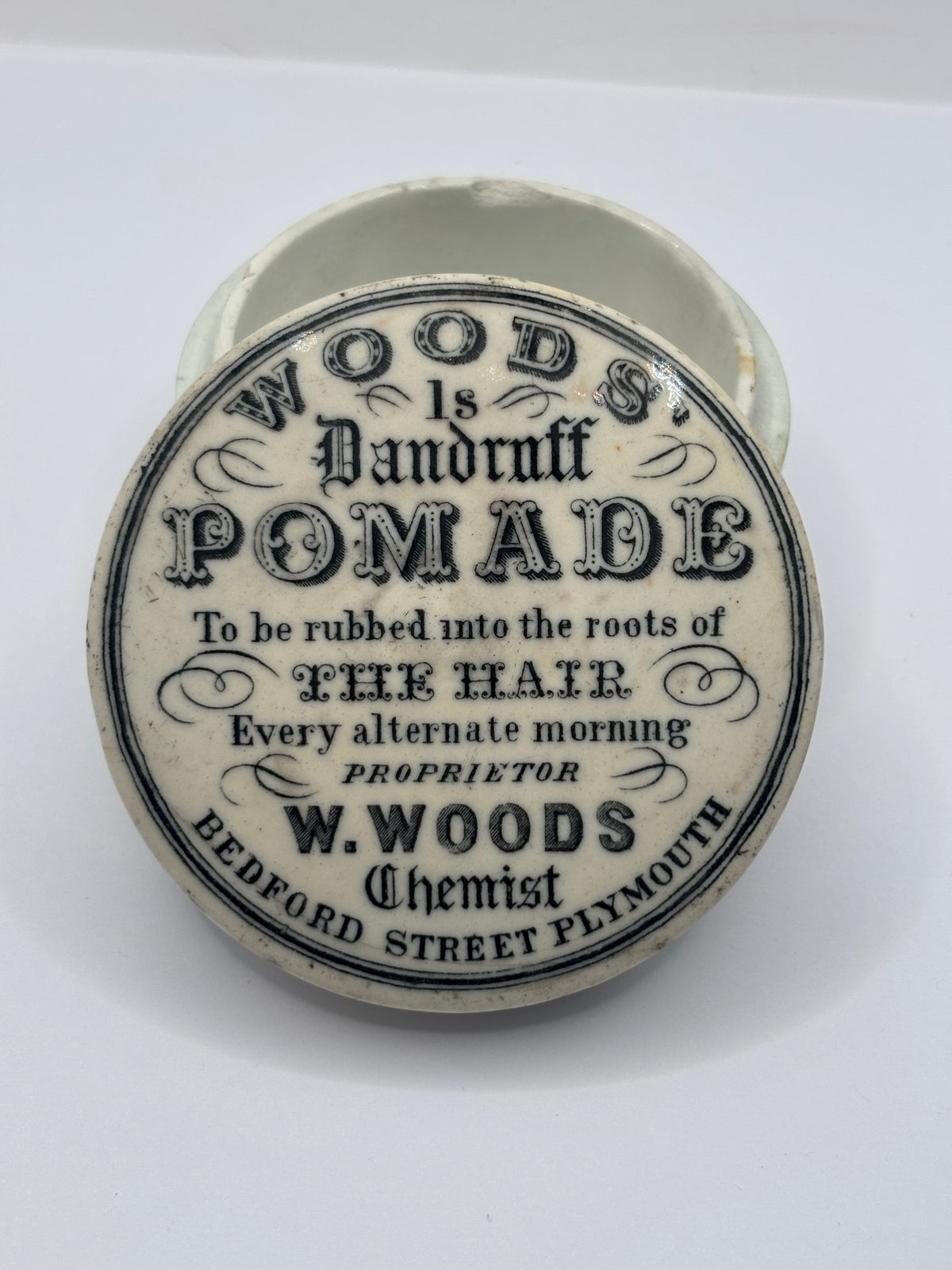 Old advertising lid and base. Woods Dandruff Pomade