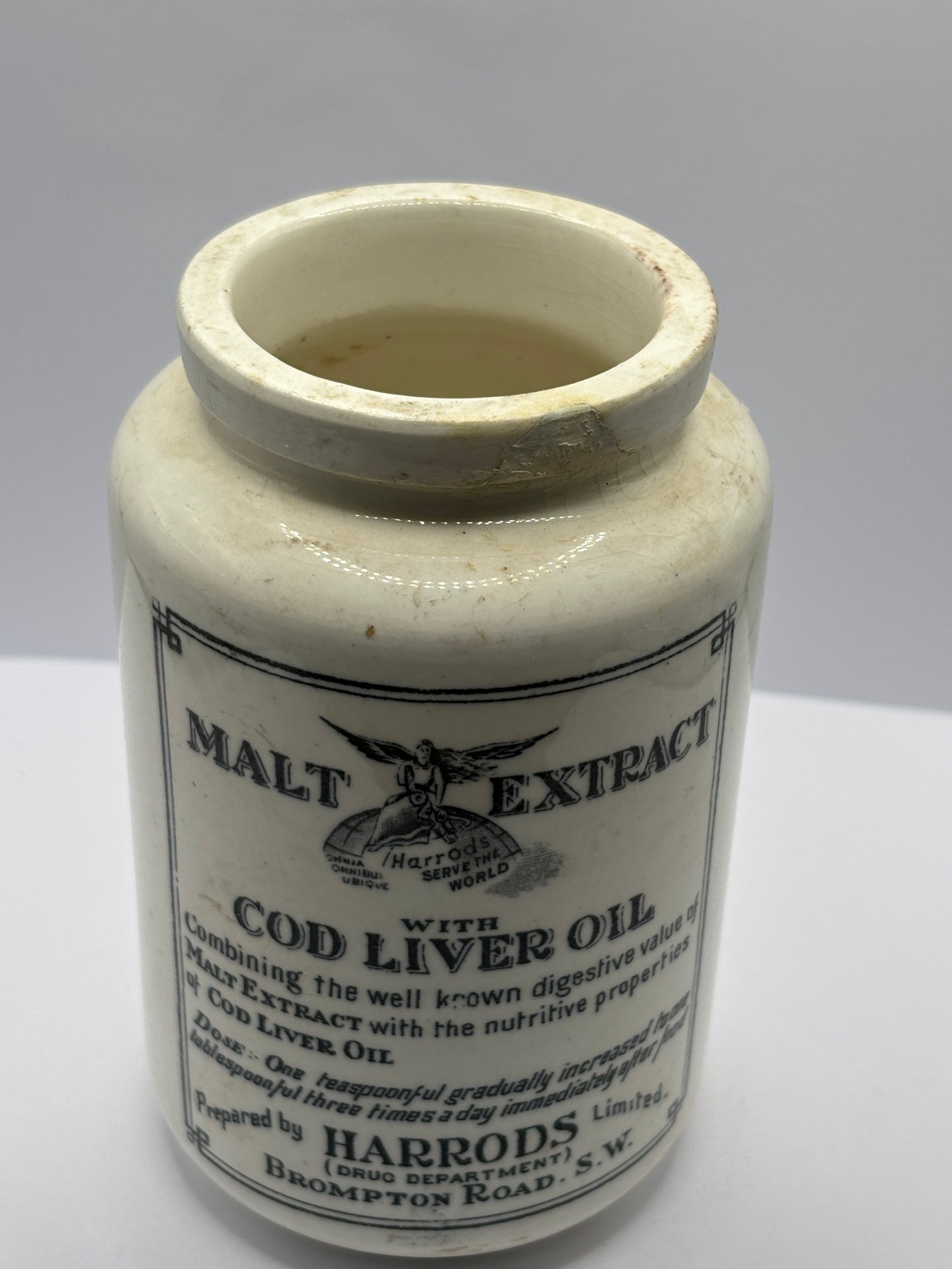 Old stoneware advertising malt extract jar. Repaired