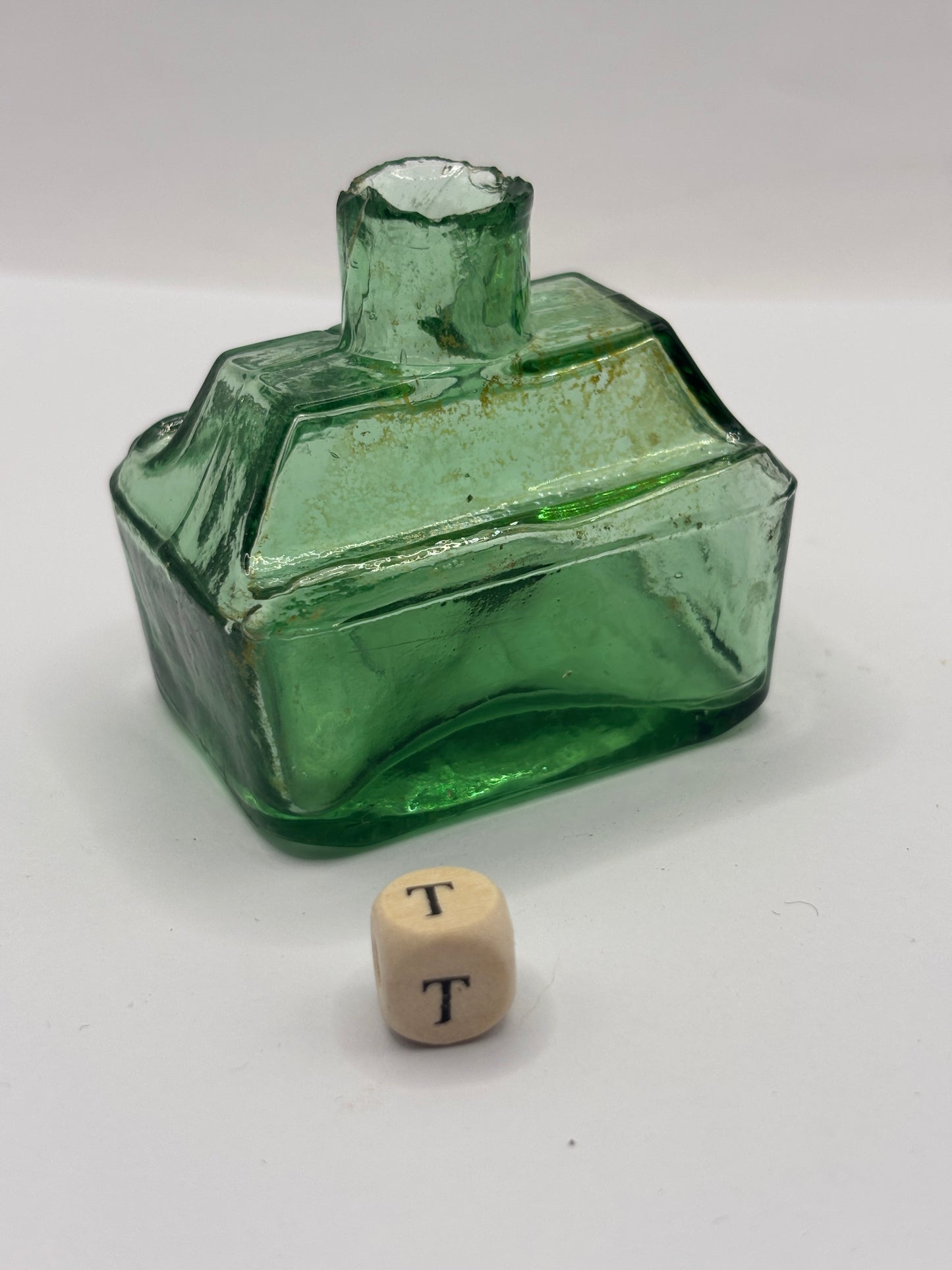 Old green glass boat ink, inkwell (T)
