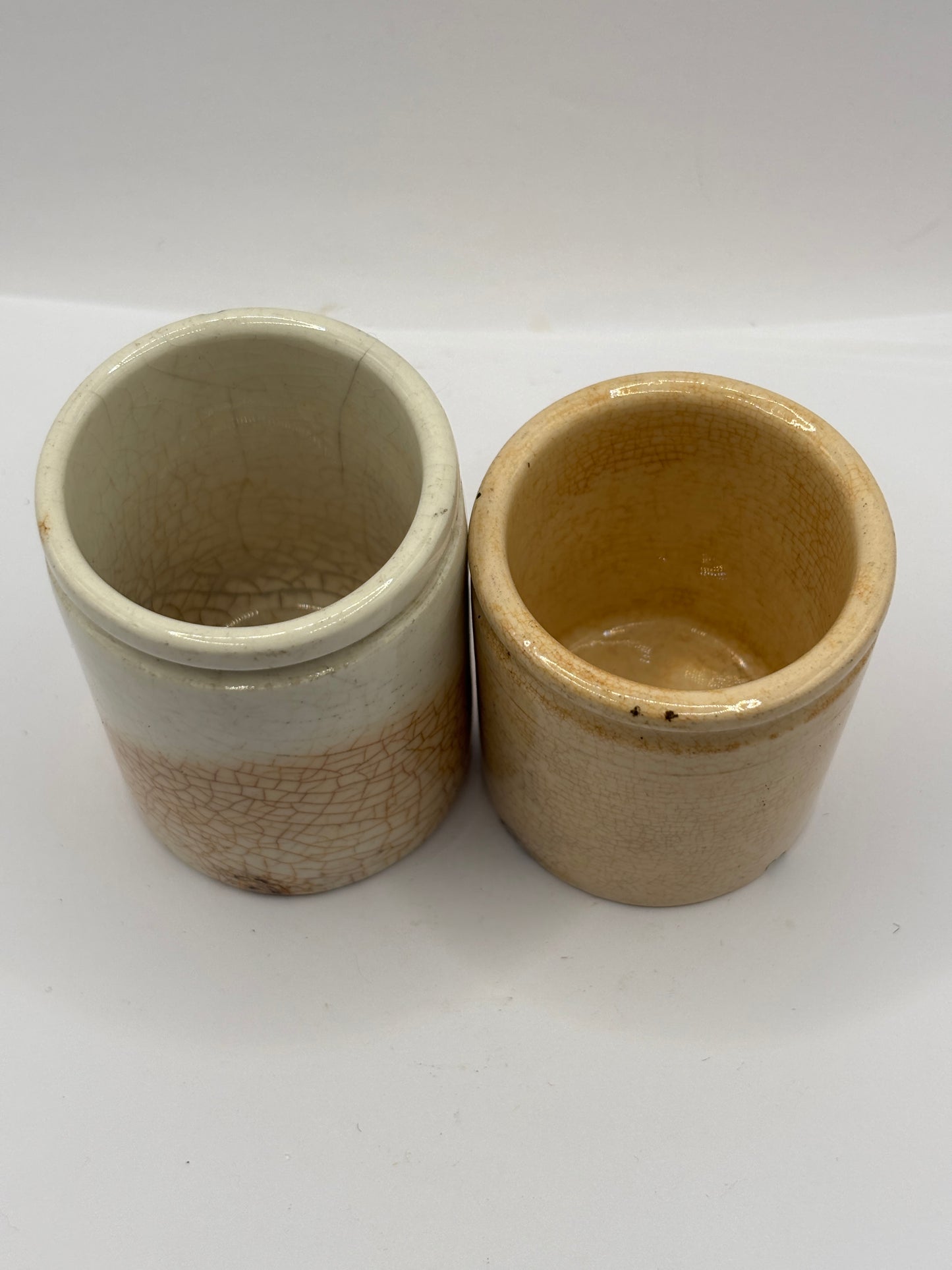 2 old stained & crazed stoneware pots