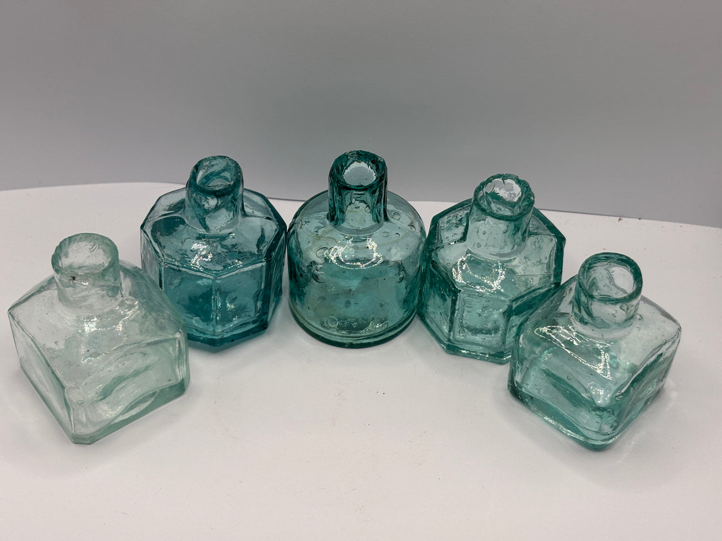 5 old aqua glass inkwells, ink bottles