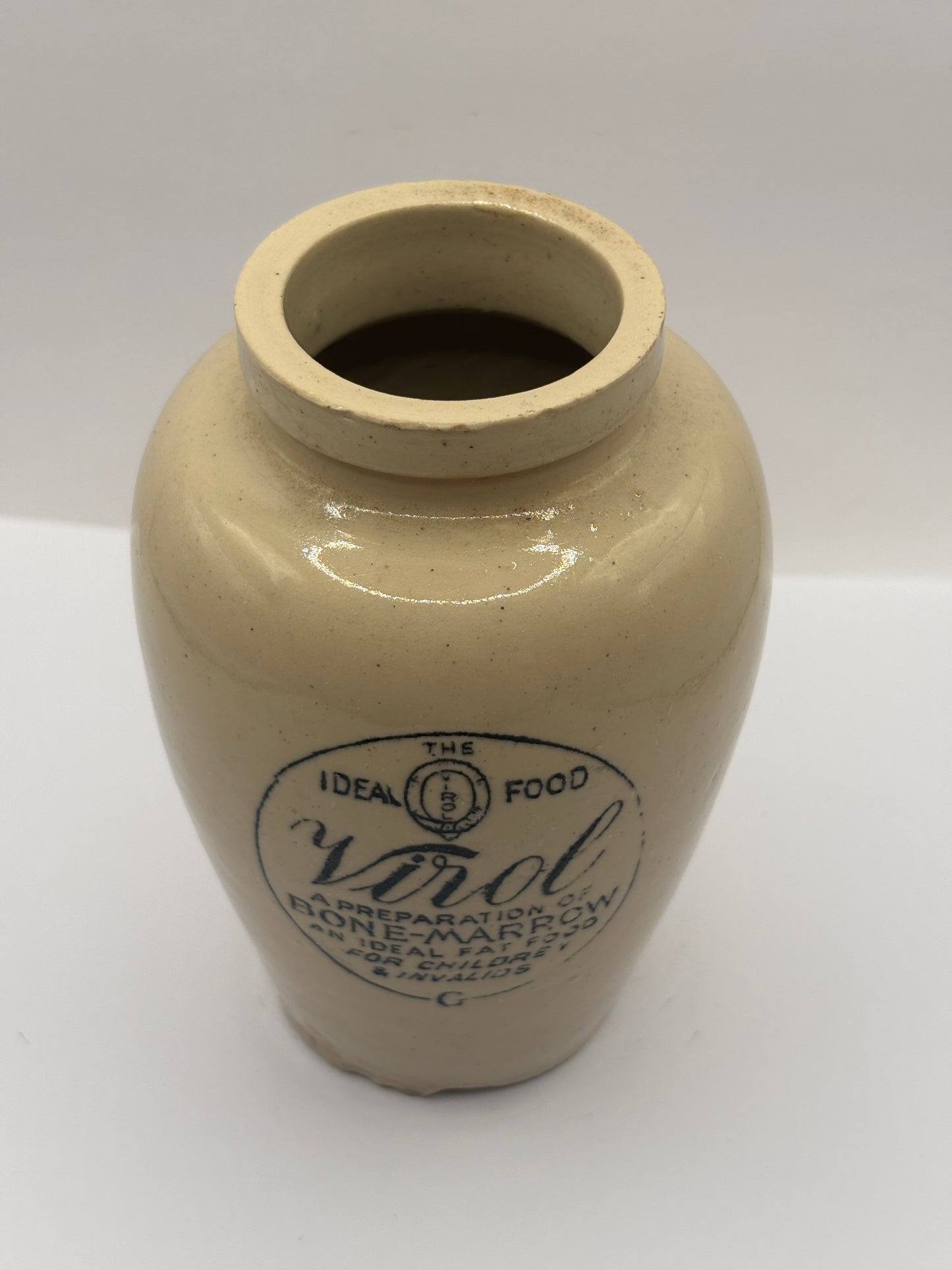 Old stoneware advertising Virol jar 13.5cms