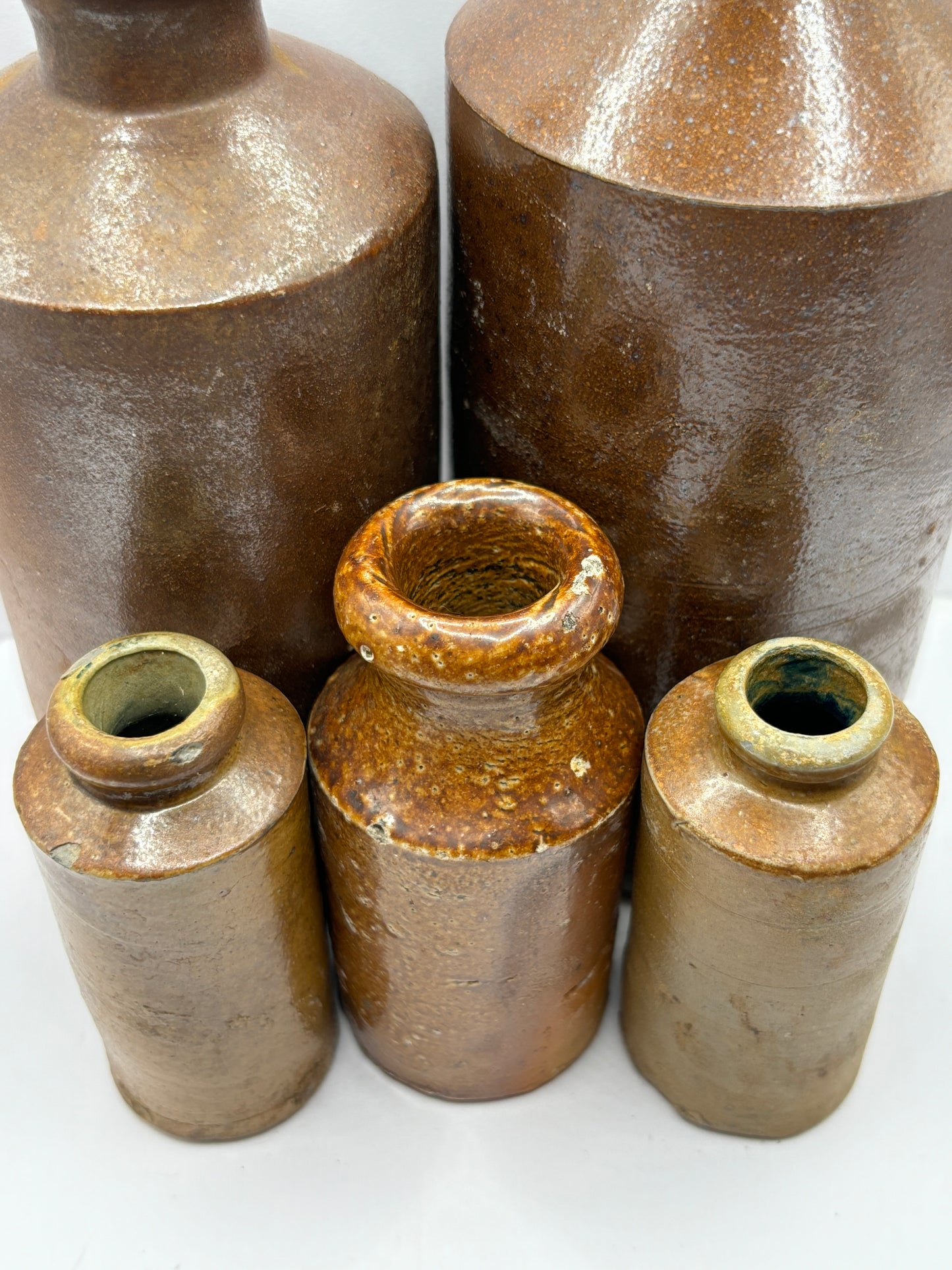 5 old brown stoneware pots