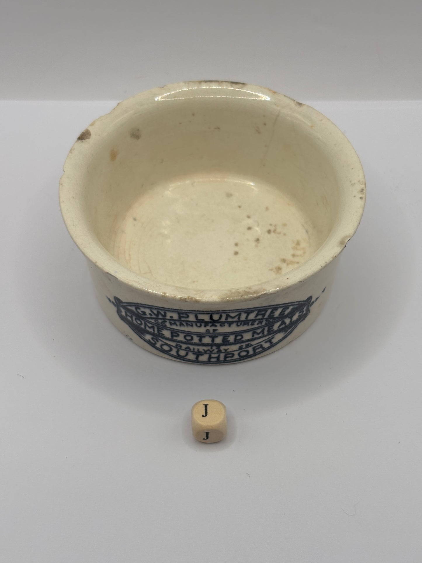Old advertising meat paste pot, plumtrees (J) damaged