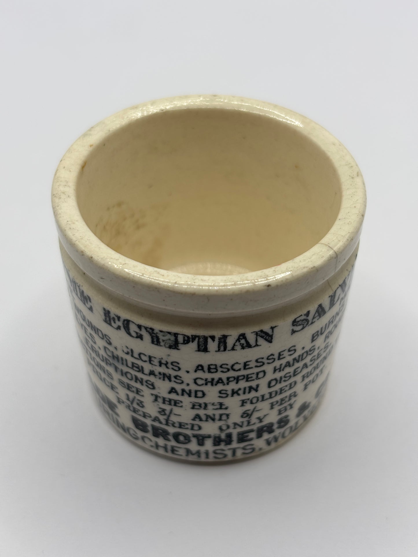 Old egyptian salve advertising ointment pot. Repaired
