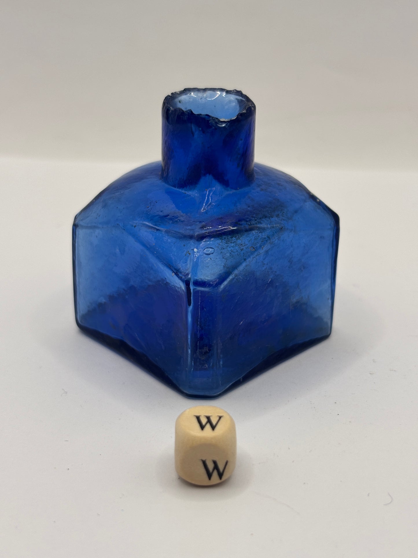 Old blue glass ink bottle, inkwell, penny ink (W)