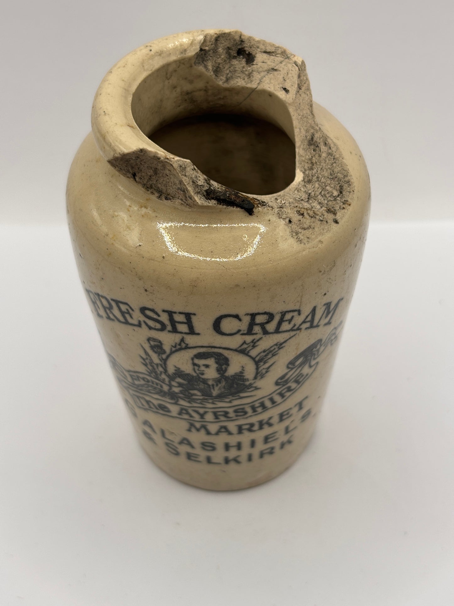 Old rare advertising cream pot, Fresh cream from the Ayrshire market. Damaged. Repair project?