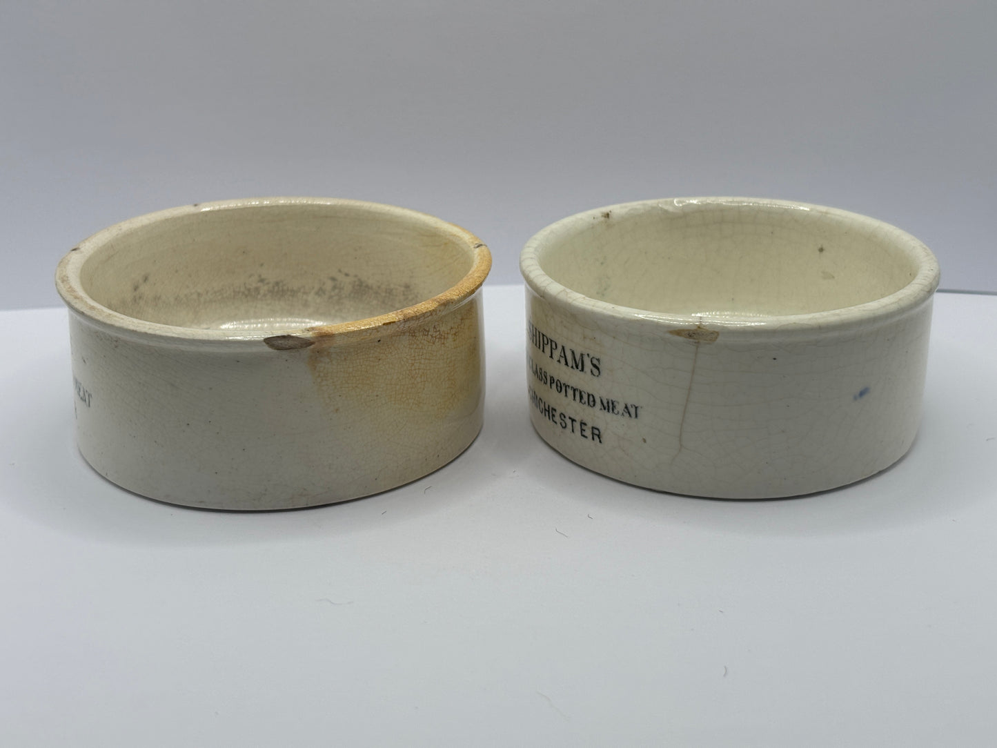 2 old advertising meat paste pots, Shippams