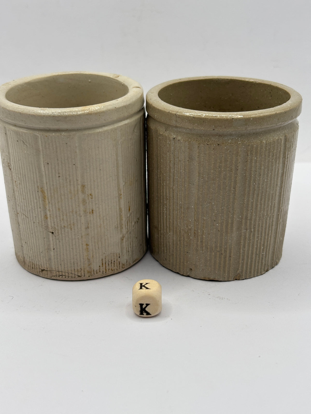 2 Old mini ribbed stoneware jam pots (k)