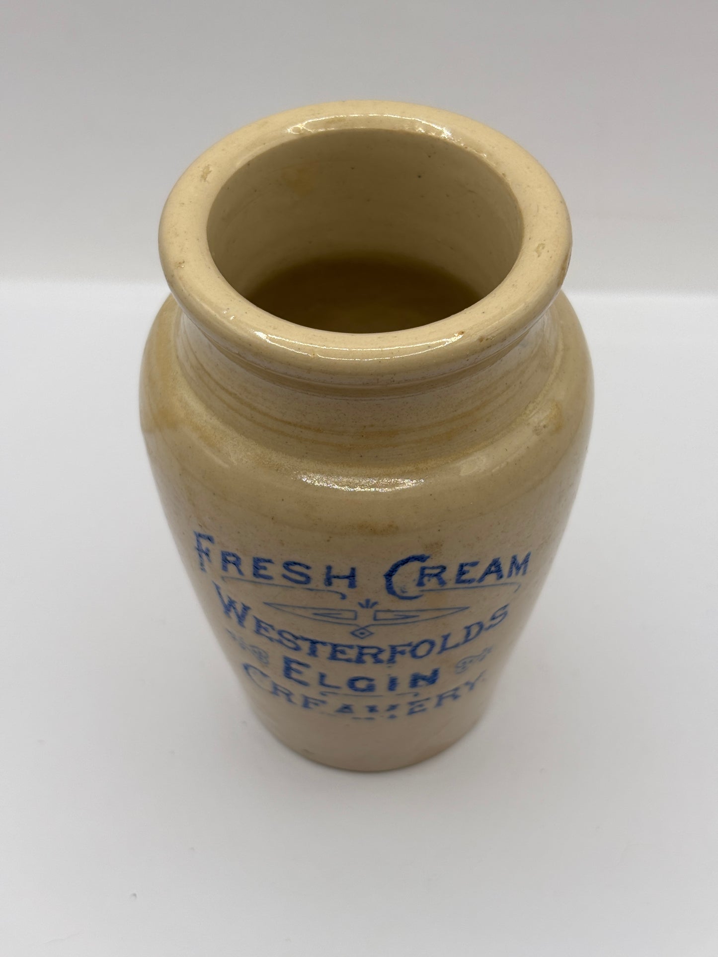 Old stoneware advertising cream pot, Fresh cream. Westerfolds Elgin creamery