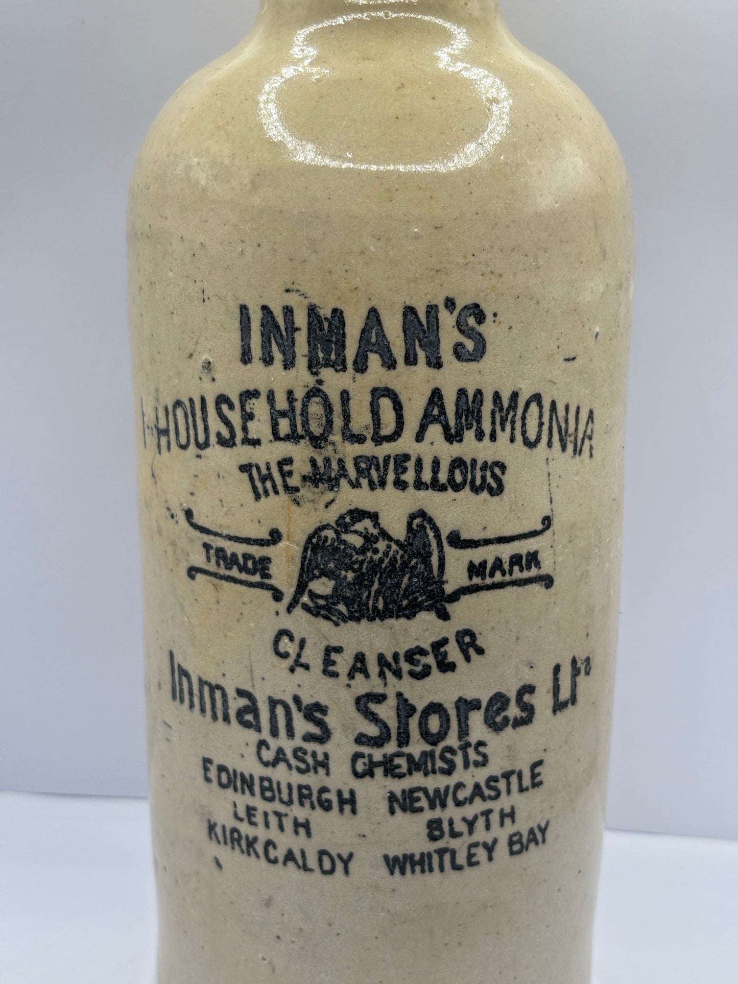 Old White stoneware ammonia bottle, Inmans household Ammonia