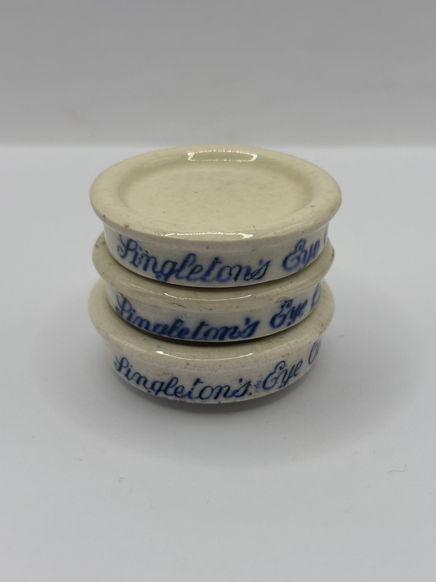 3 Old Singletons stoneware eye ointment, stack