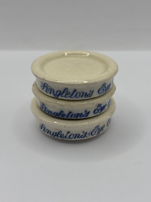 3 Old Singletons stoneware eye ointment, stack