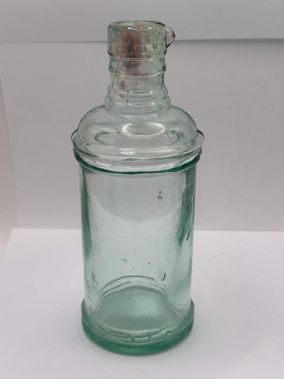 Old tall aqua glass inkwell, ink bottle, pouring ink 14.5cms