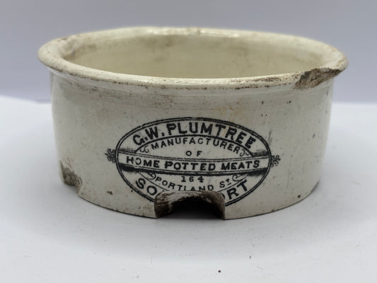 Large Plumtree home potted meats advertising pot, Damaged