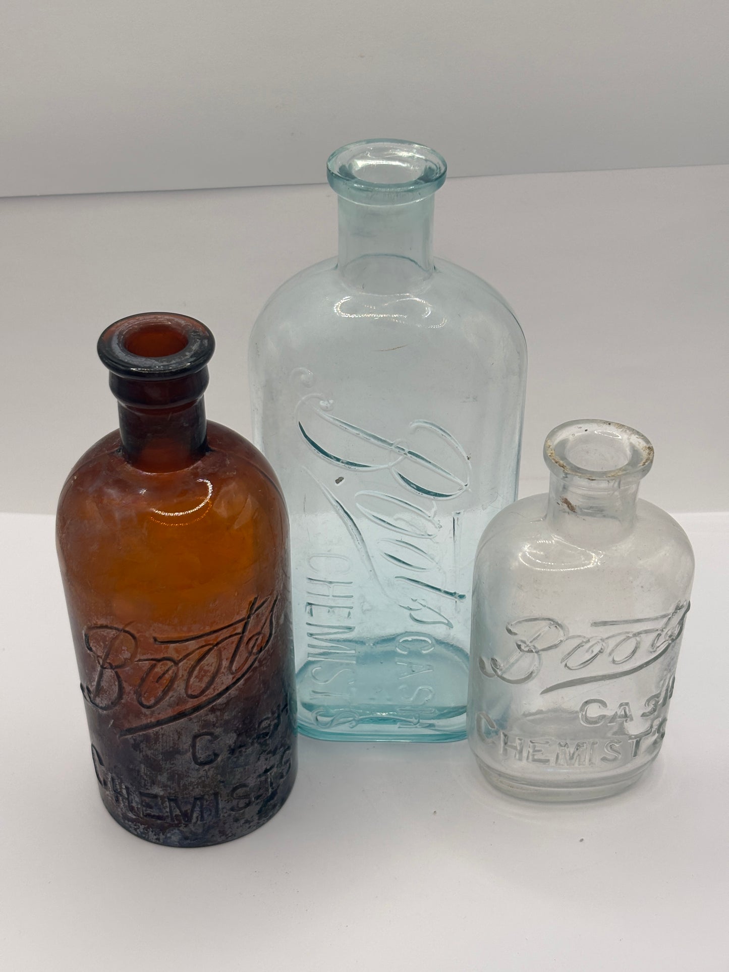 3 Old crusty glass Boots cash chemists bottles