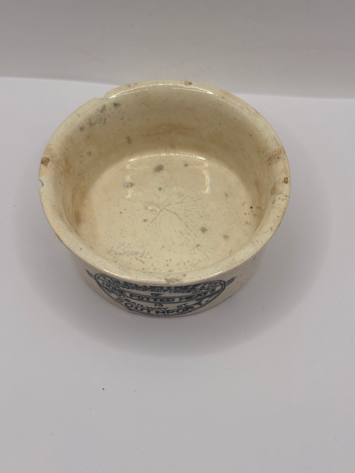 Old advertising meat paste pot, Plumtree home potted meats. Chipped