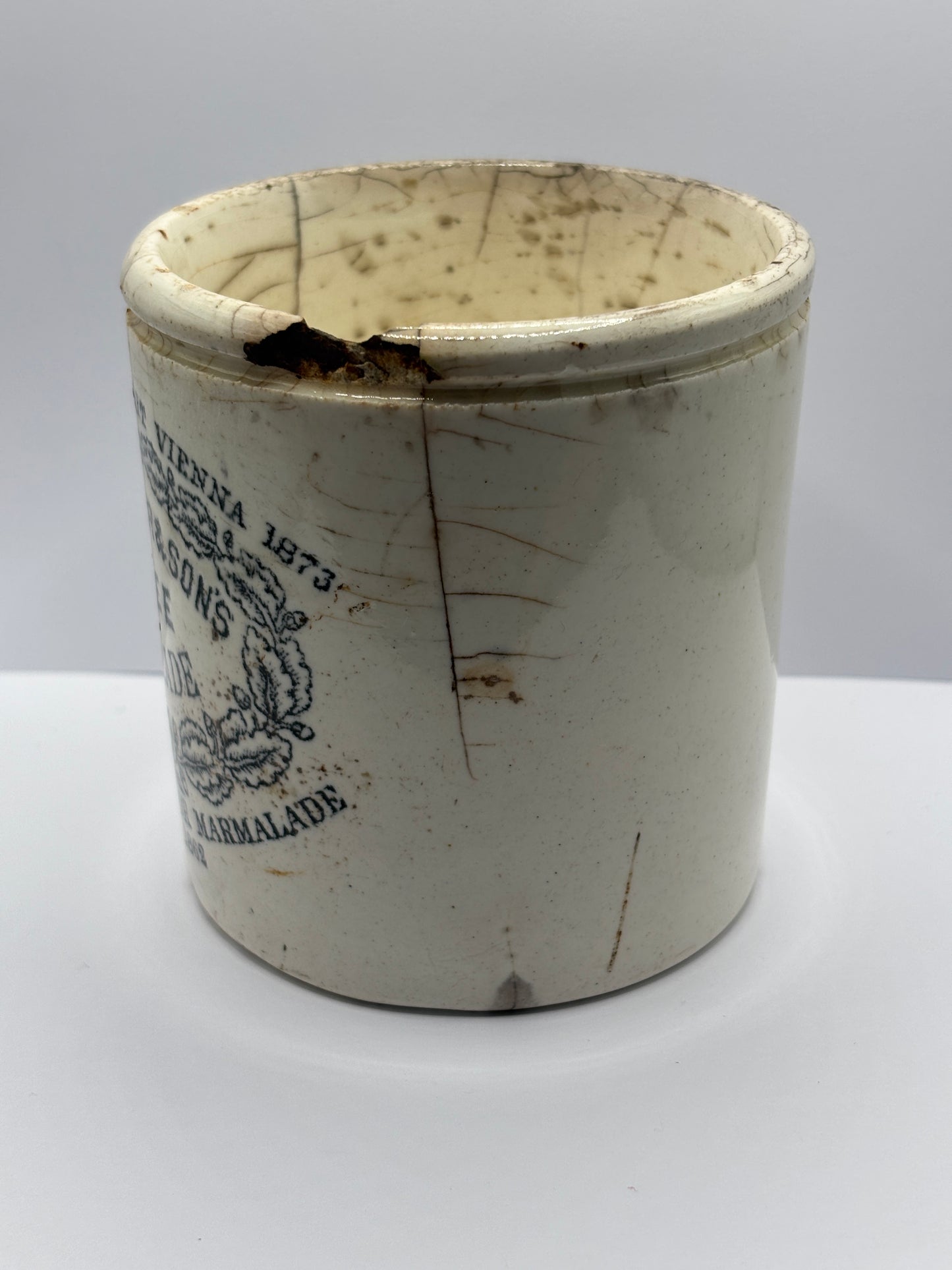 Old 1lb James Keiller Dundee marmalade jar. Damaged