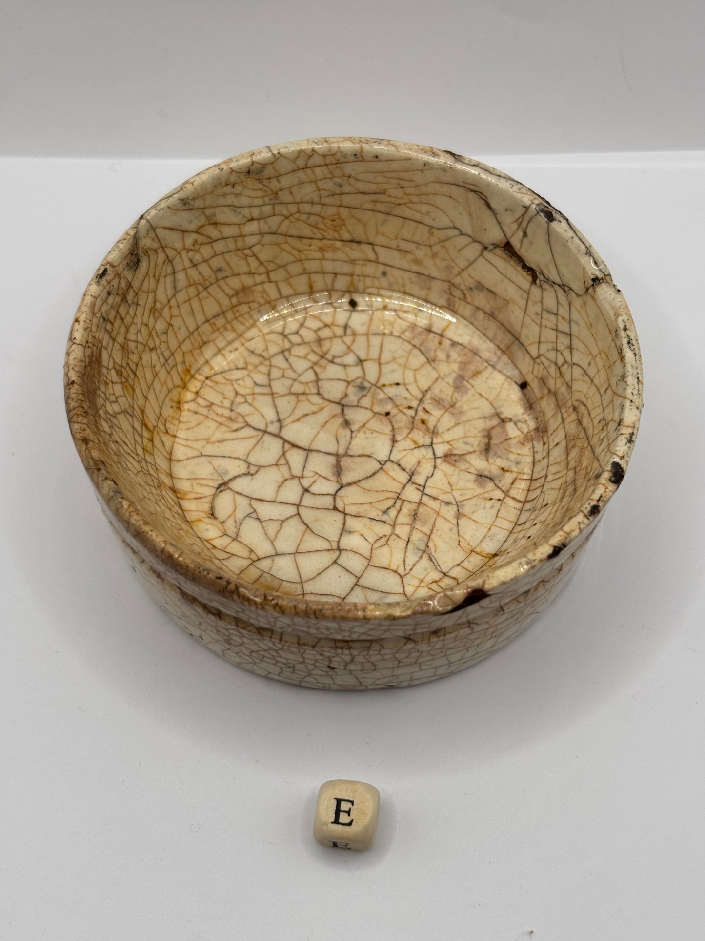 Old stained & crazed meat paste pot (E)