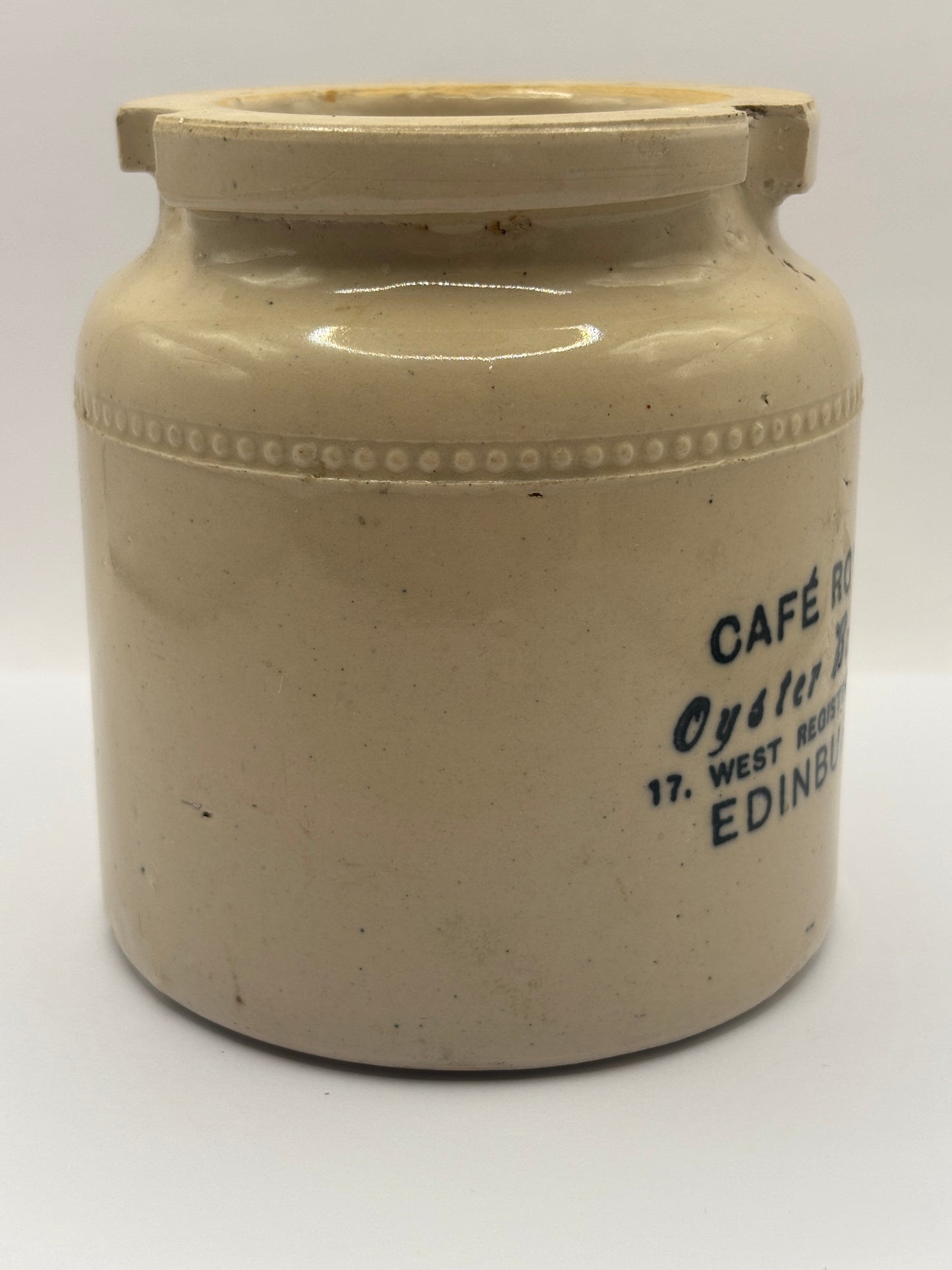 Old large stoneware caviar pot, Cafe Royal Oyster Buffet, Edinburgh