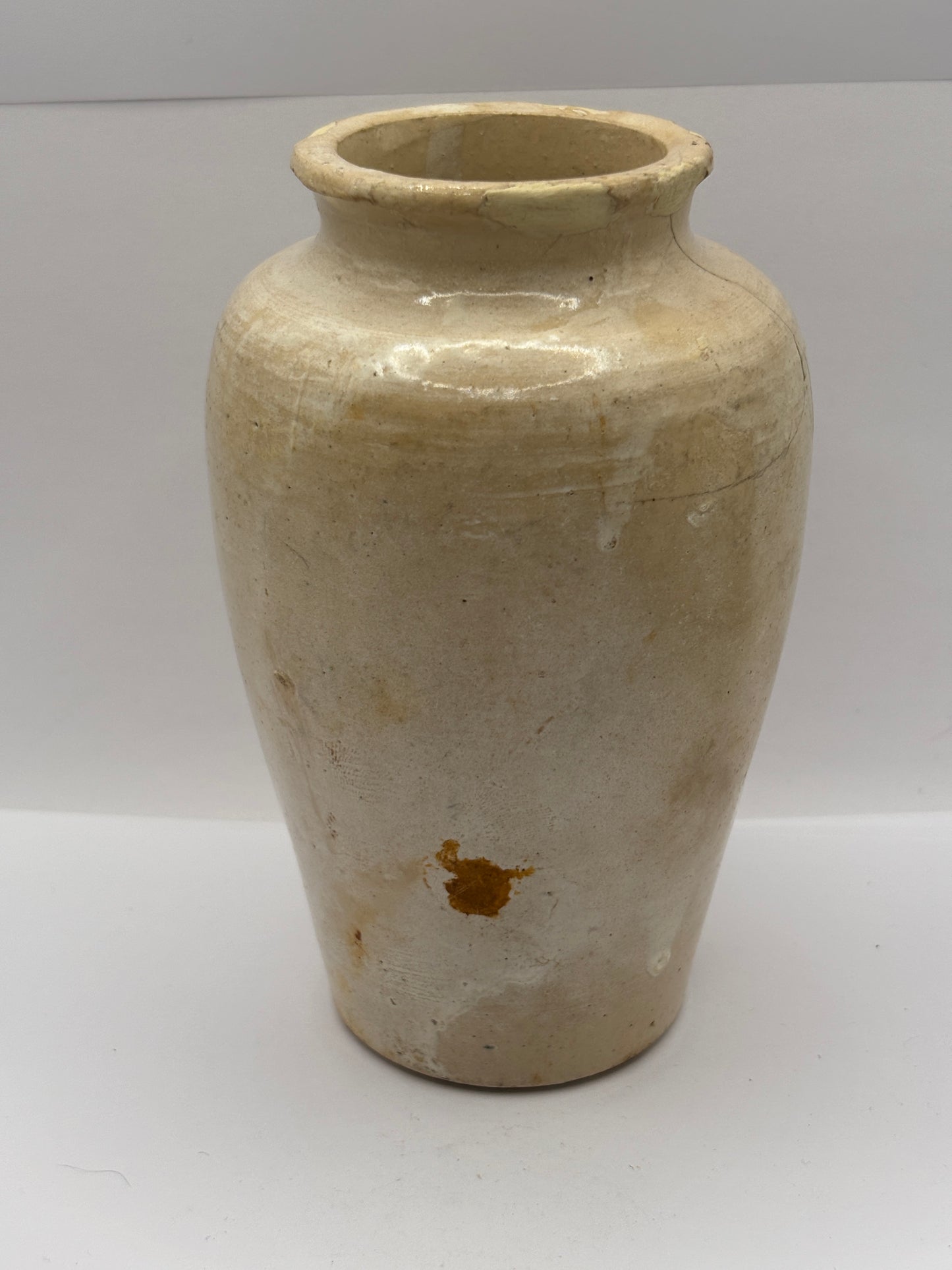 Old tall serpia print stoneware advertising cream pot, pure fresh cream Stranraer. Repaired & Damaged