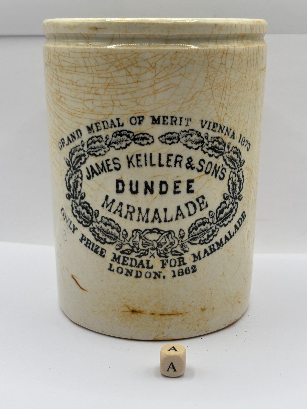 Old 2lb stoneware marmalade pot, James Keiller Dundee marmalade (a)