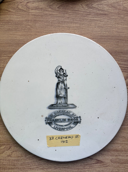 Old ironstone advertising scale plate. Franklin Bros machine makers Liverpool 28cms