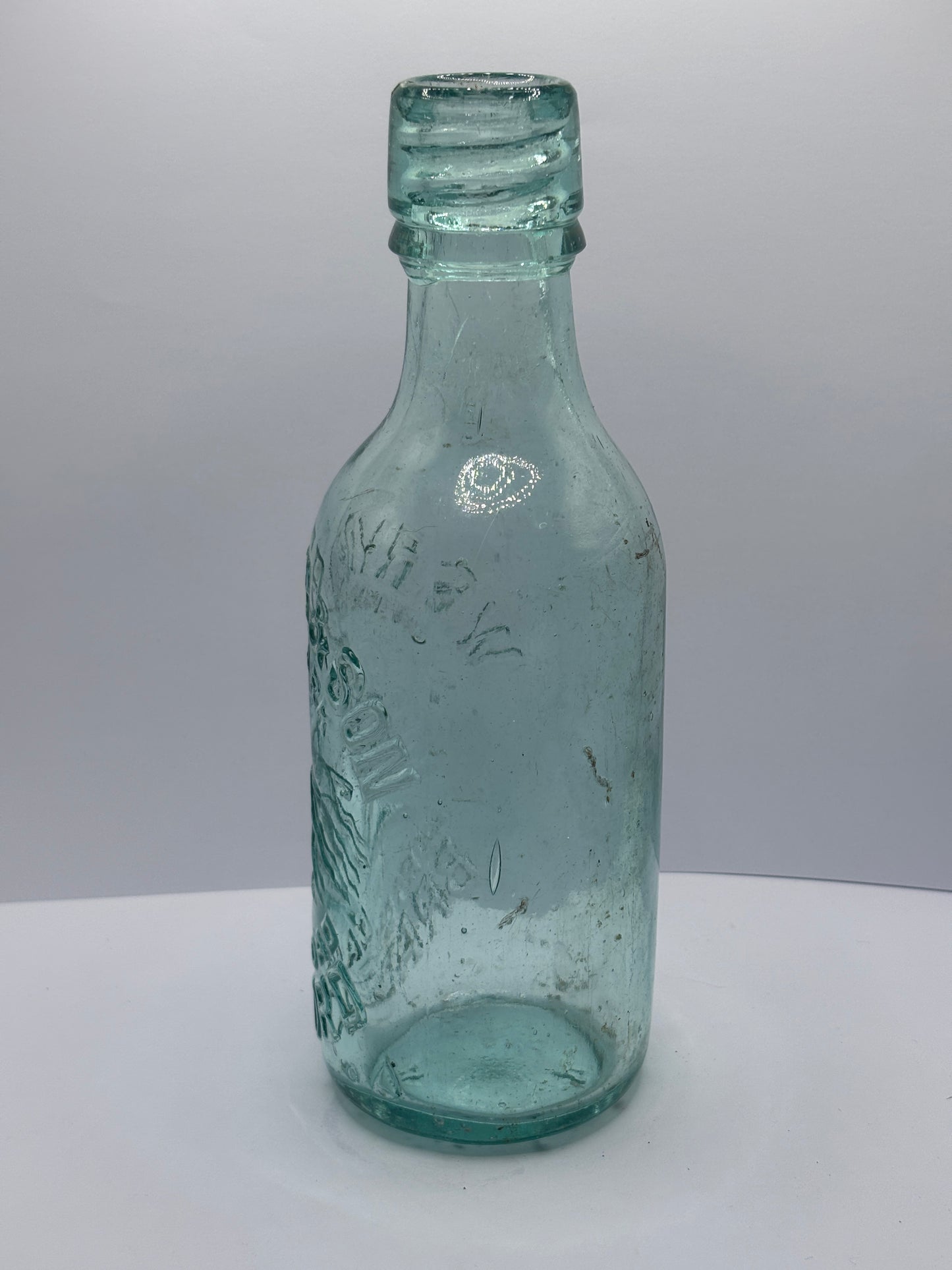 Old aqua glass Bradford beer bottle, Ryder & son
