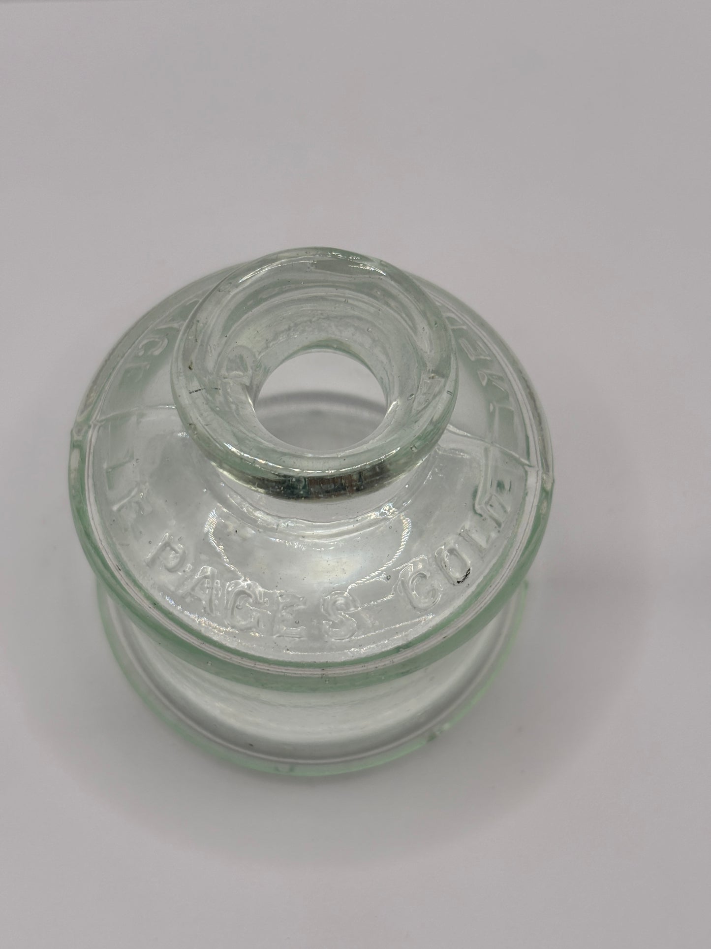 old advertising glass ink,ink bottle, mugilage le pages French?? Damaged