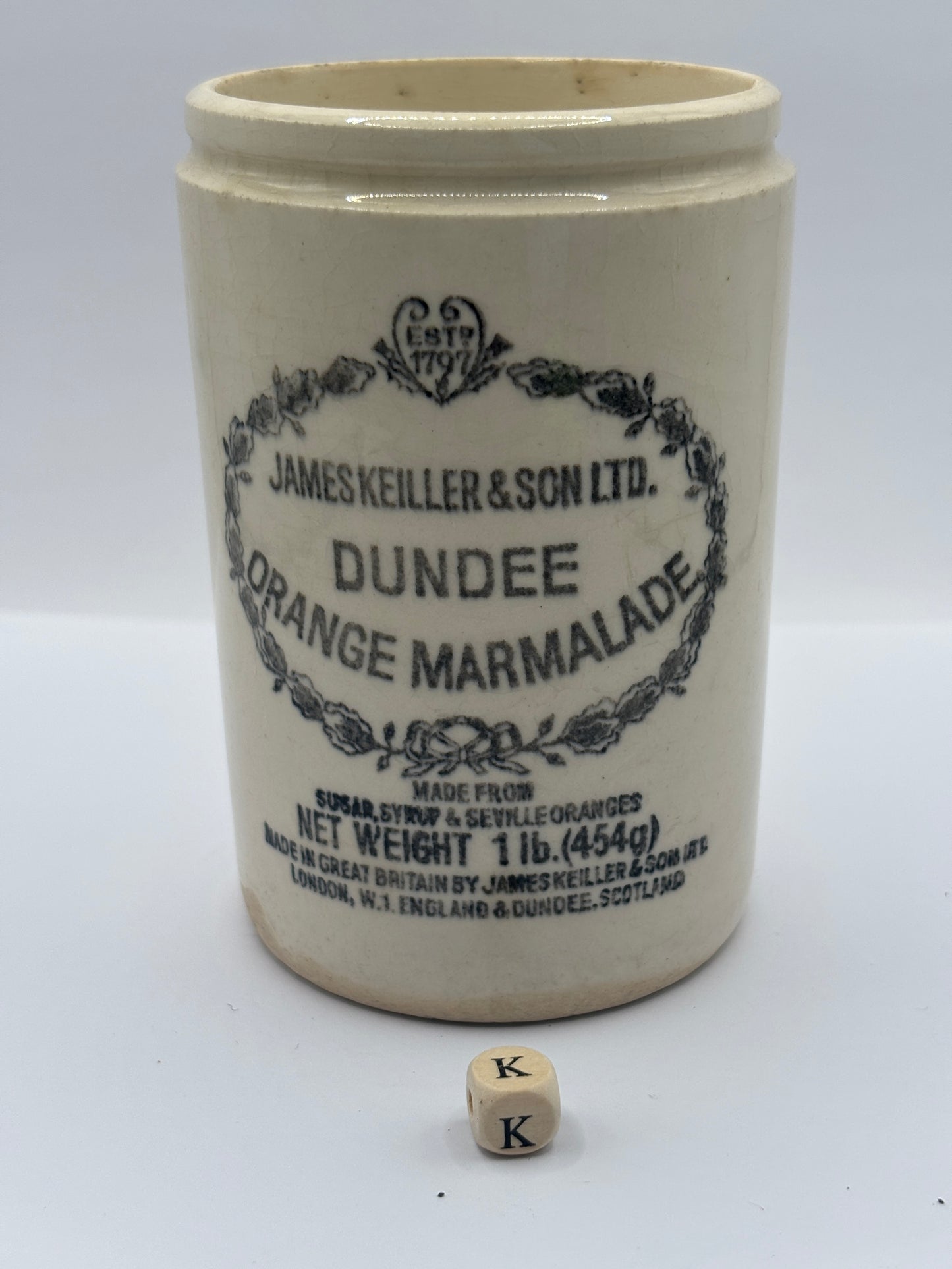 Old 1lb James Keiller Dundee marmalade Jar (k)