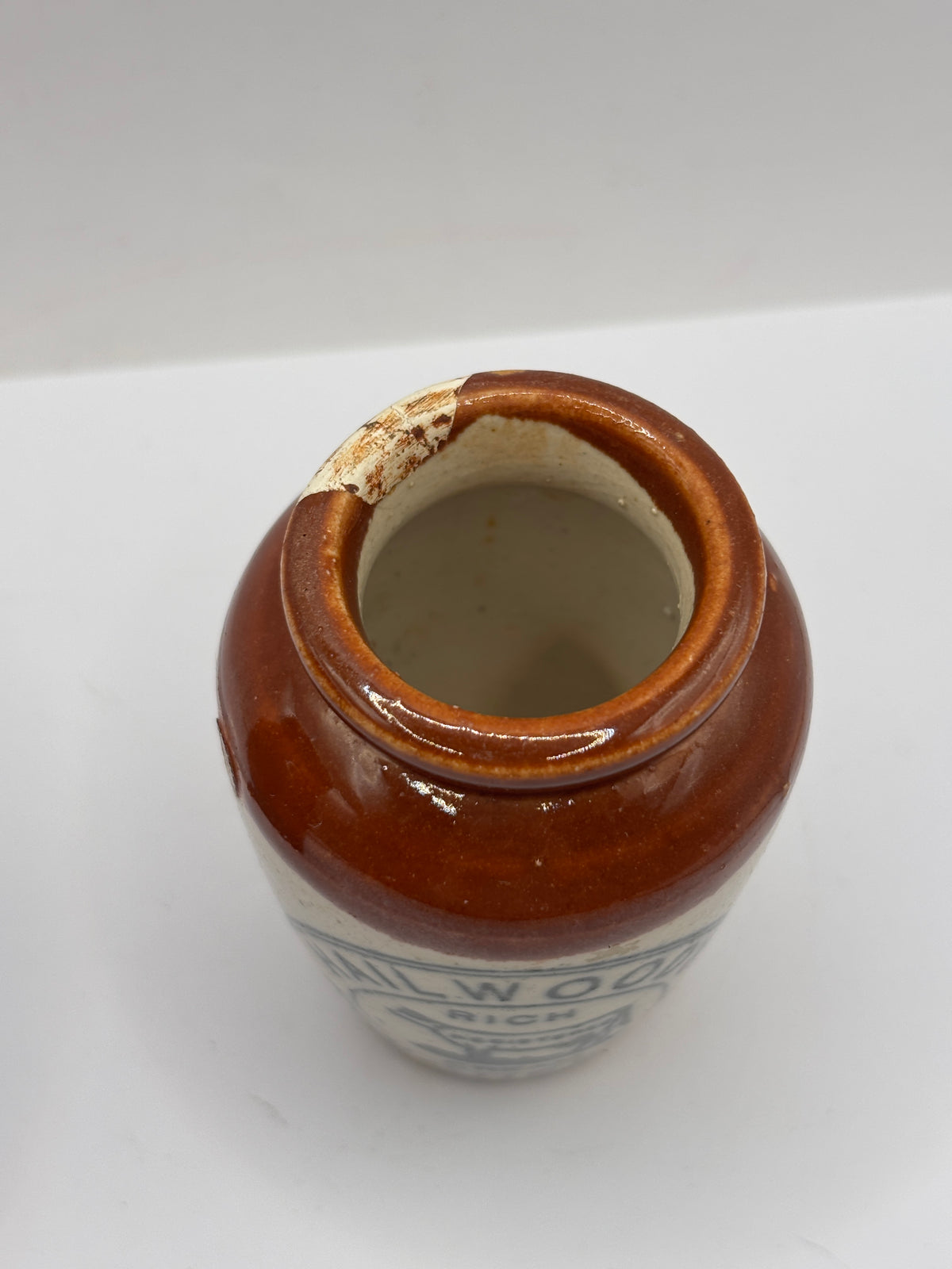 Old advertising cream pot, Hailwoods rich cream. Damaged, repaired