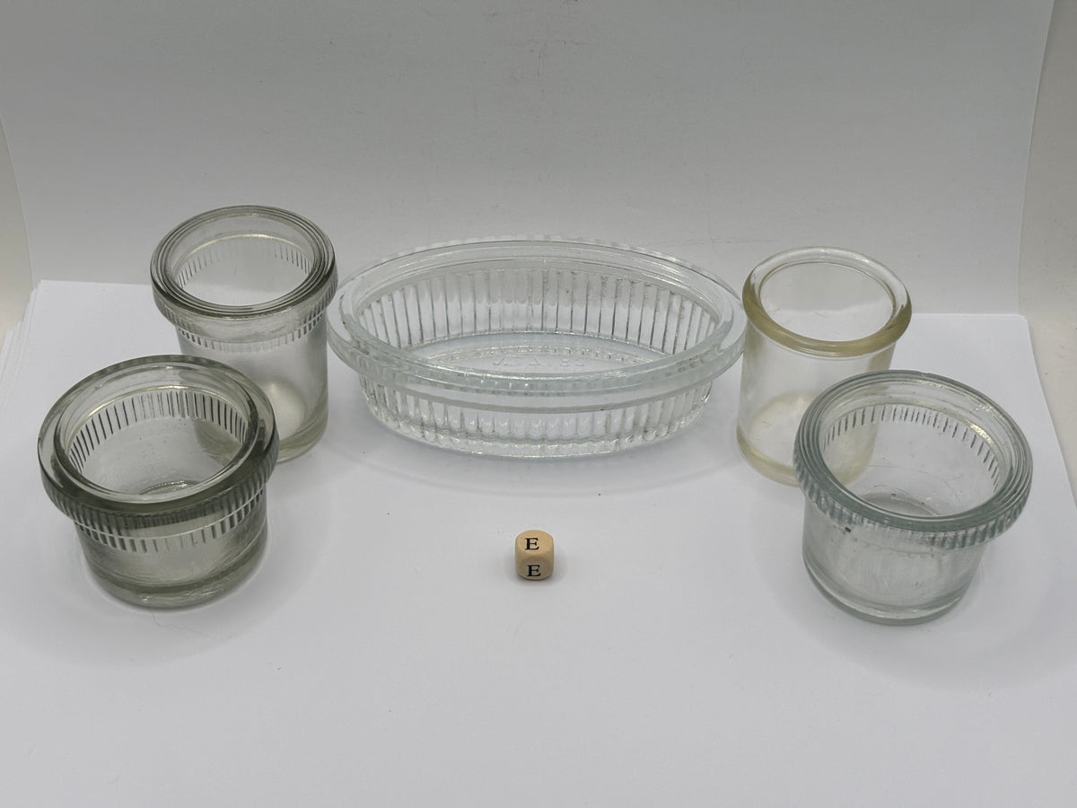 5 old clear glass meat paste jars (e)