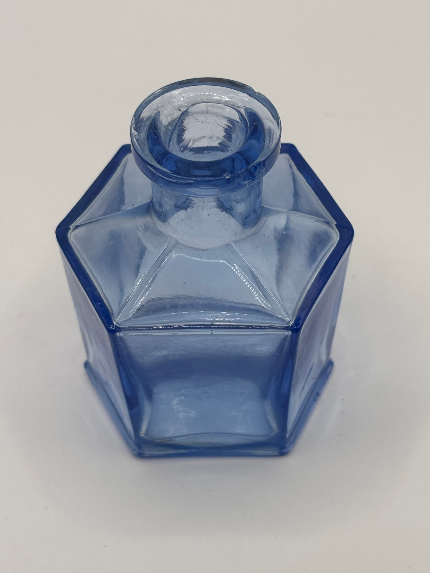 Old 6 sided blue glass inkwell, ink bottle