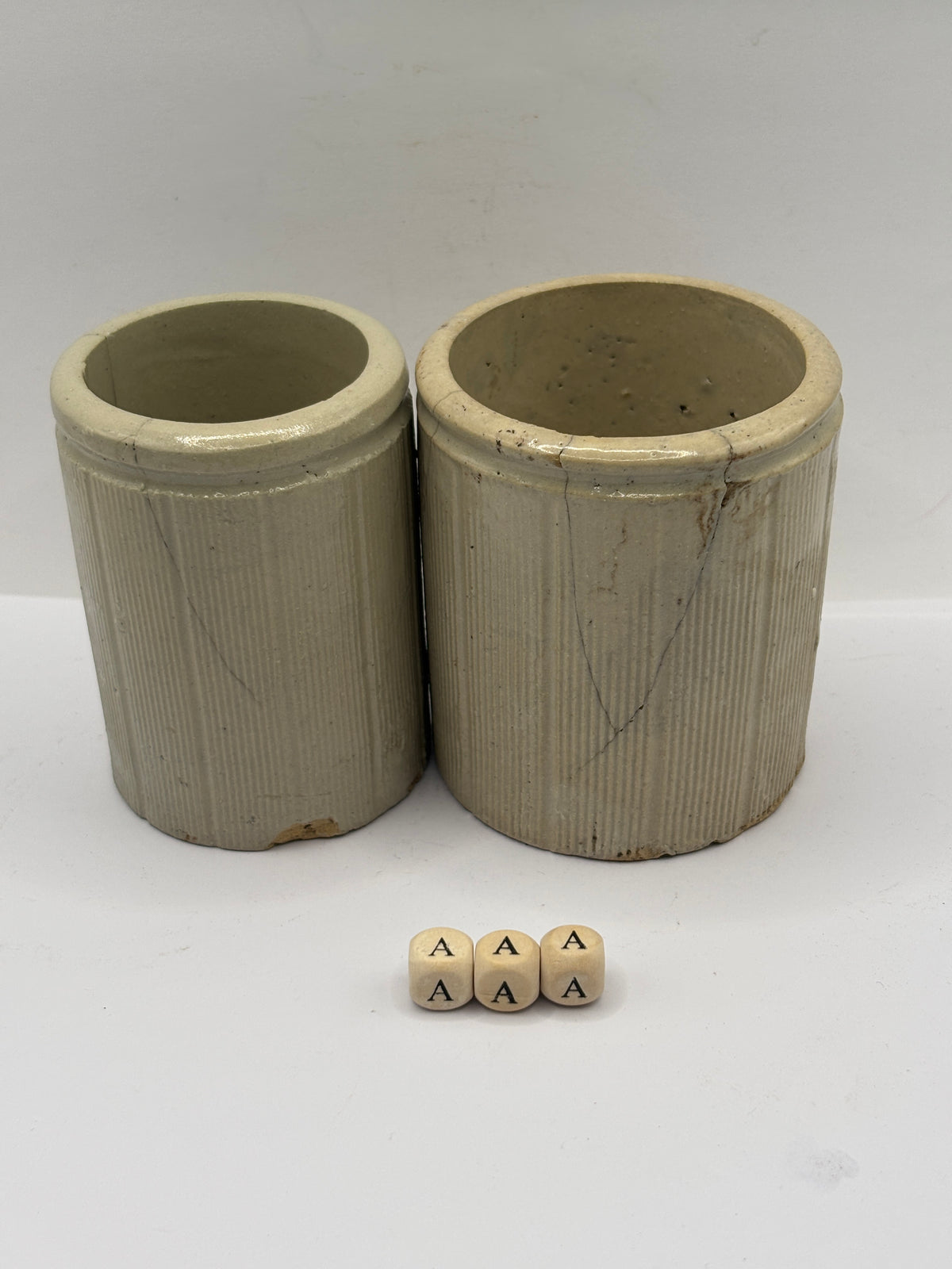2 Old small ribbed stoneware jam pots (aaa) Hairlines