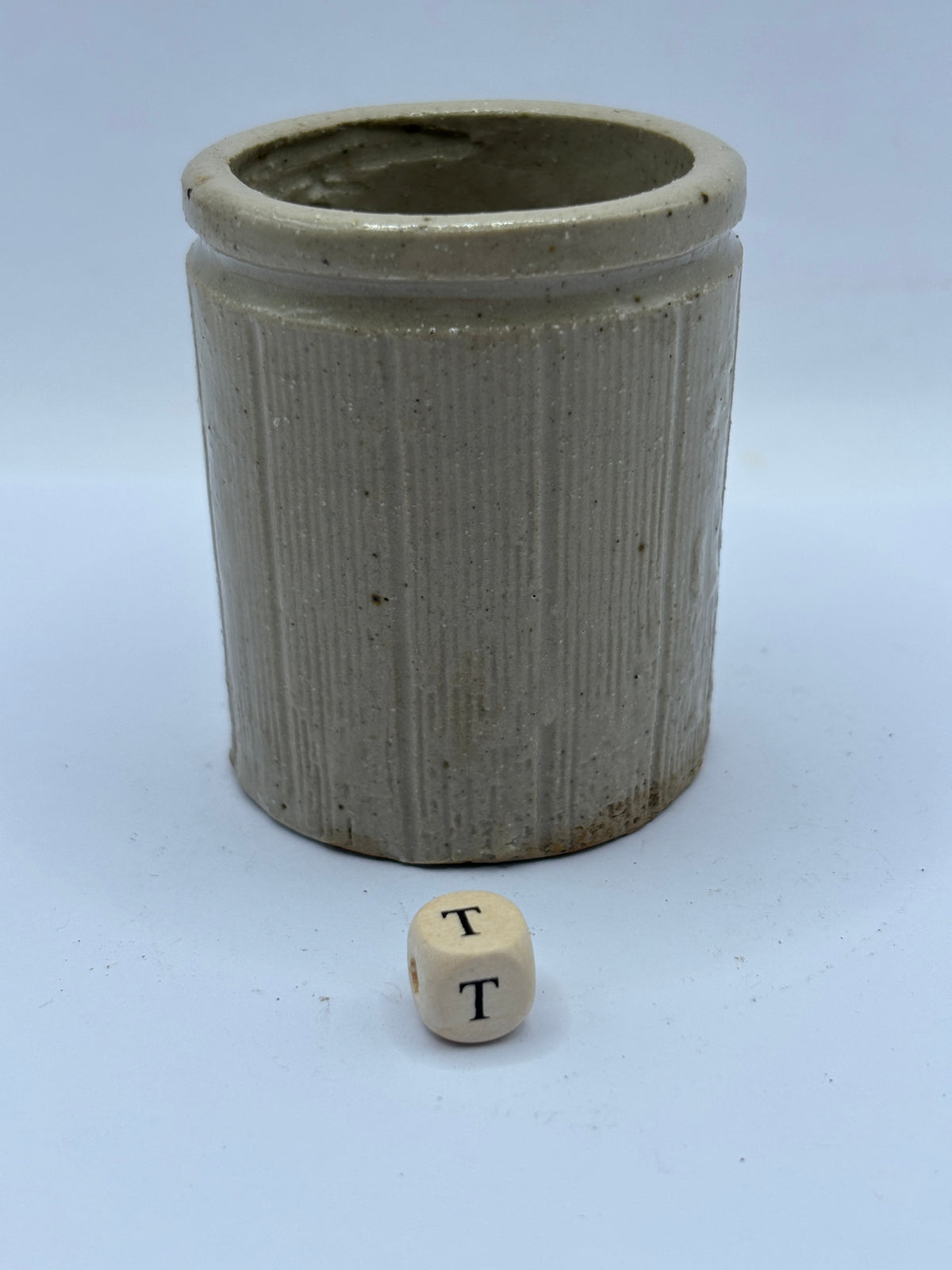 Old mini ribbed stoneware jam pot (T)