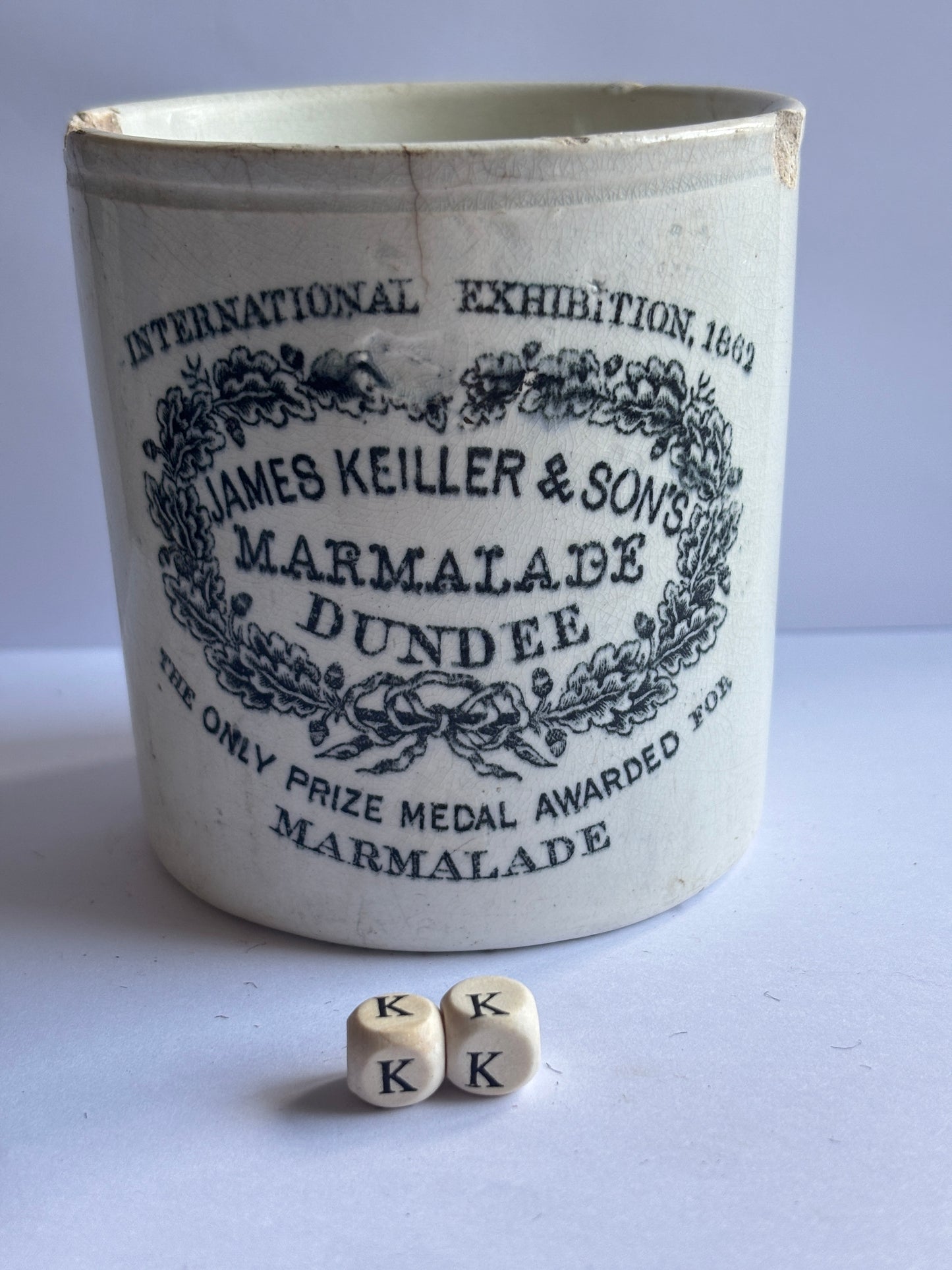 Old 1lb James Keiller dundee marmalade jar (kk) early version, damaged