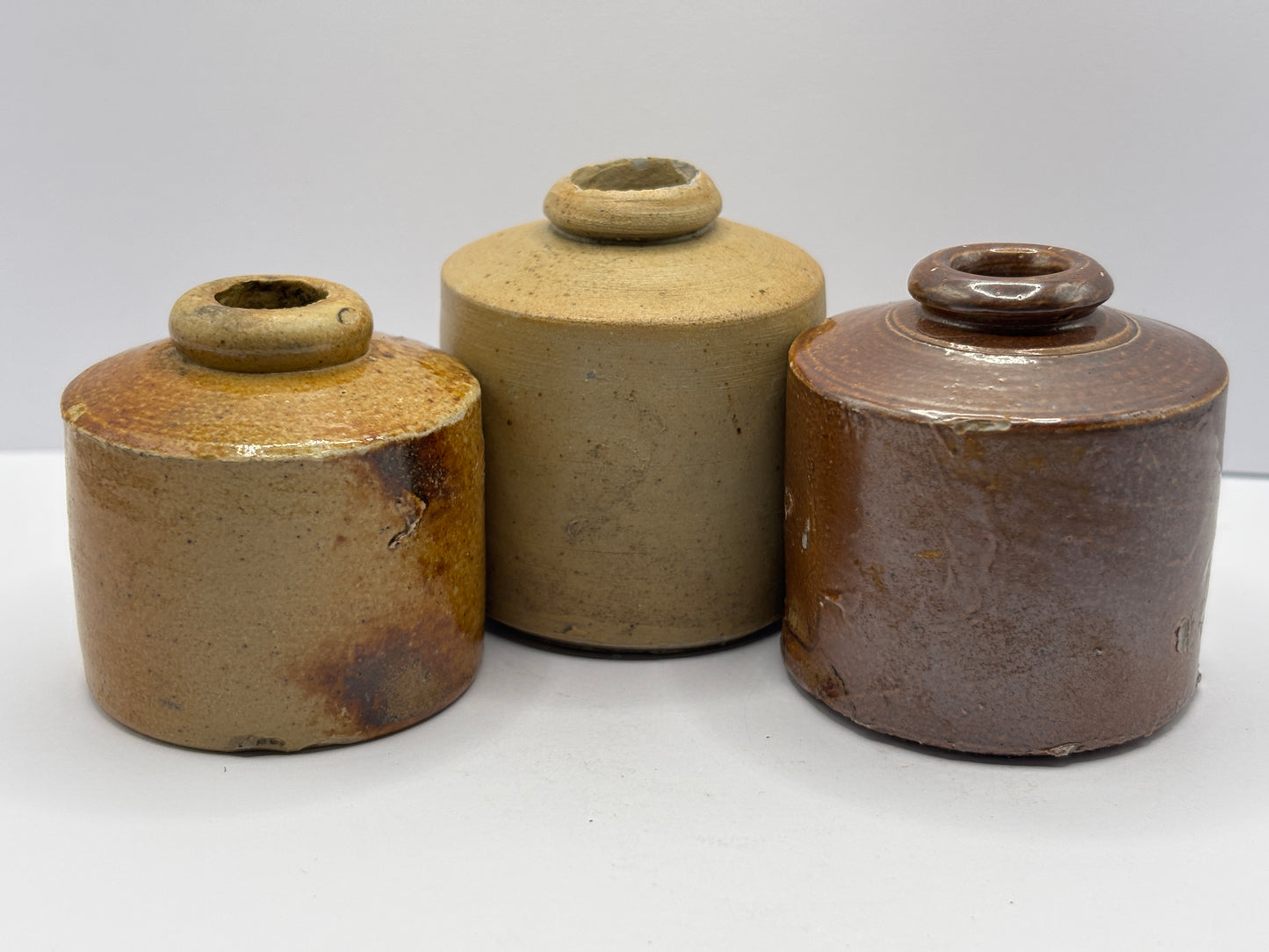 3 old pork pie inks, ink bottles inkwells