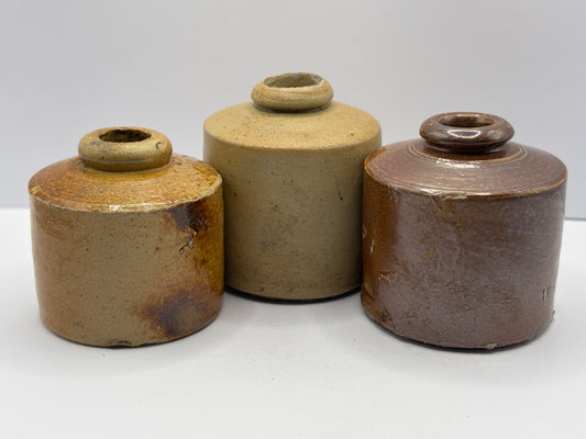 3 old pork pie inks, ink bottles inkwells