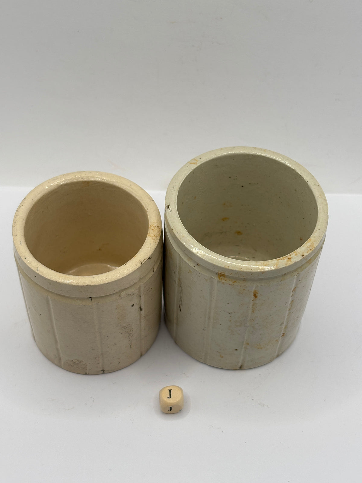 2 Old mini ribbed stoneware jam pots (J)