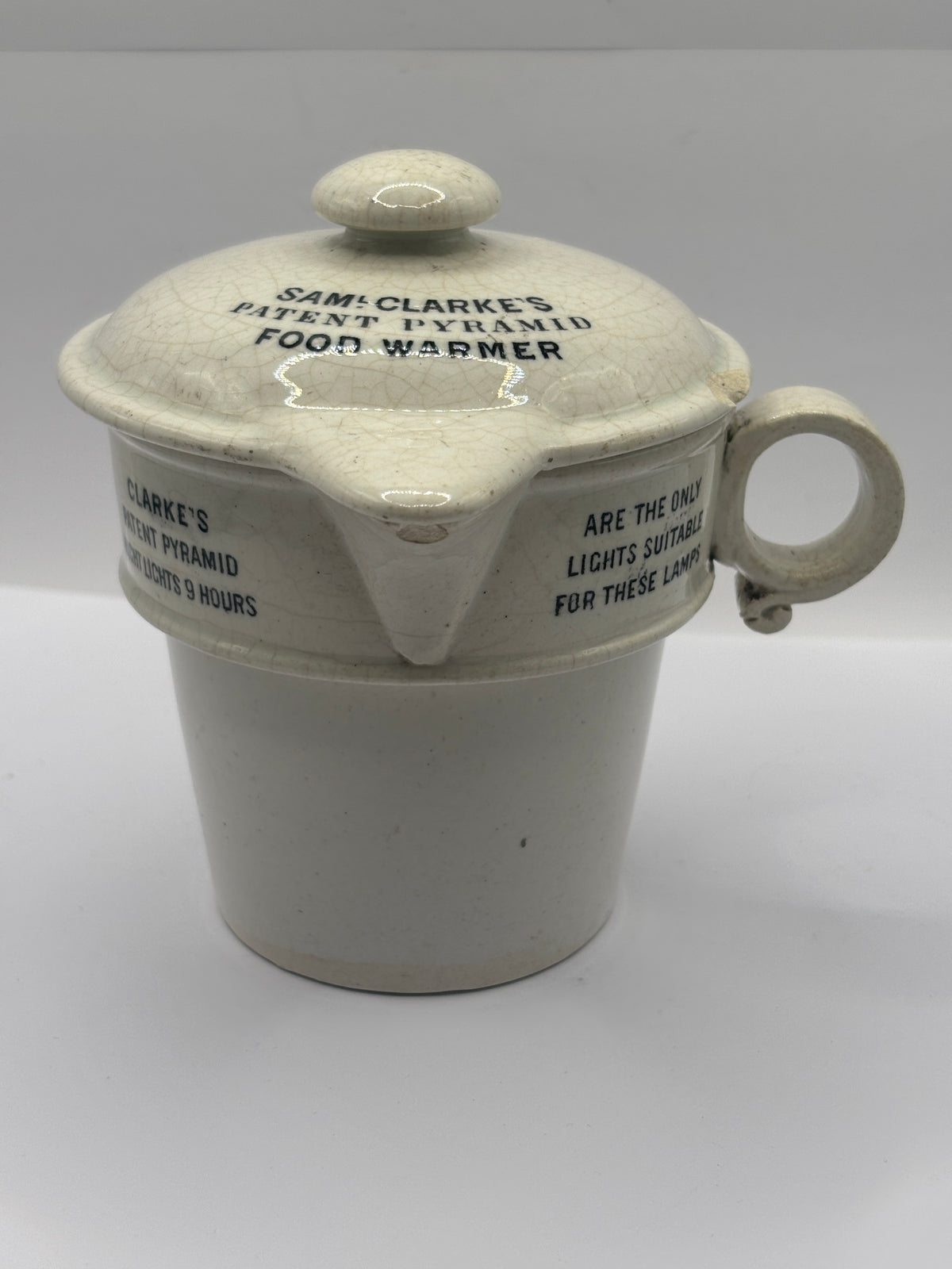 Old stoneware advertising food warmer, Clarkes pyramid food warmer & lid
