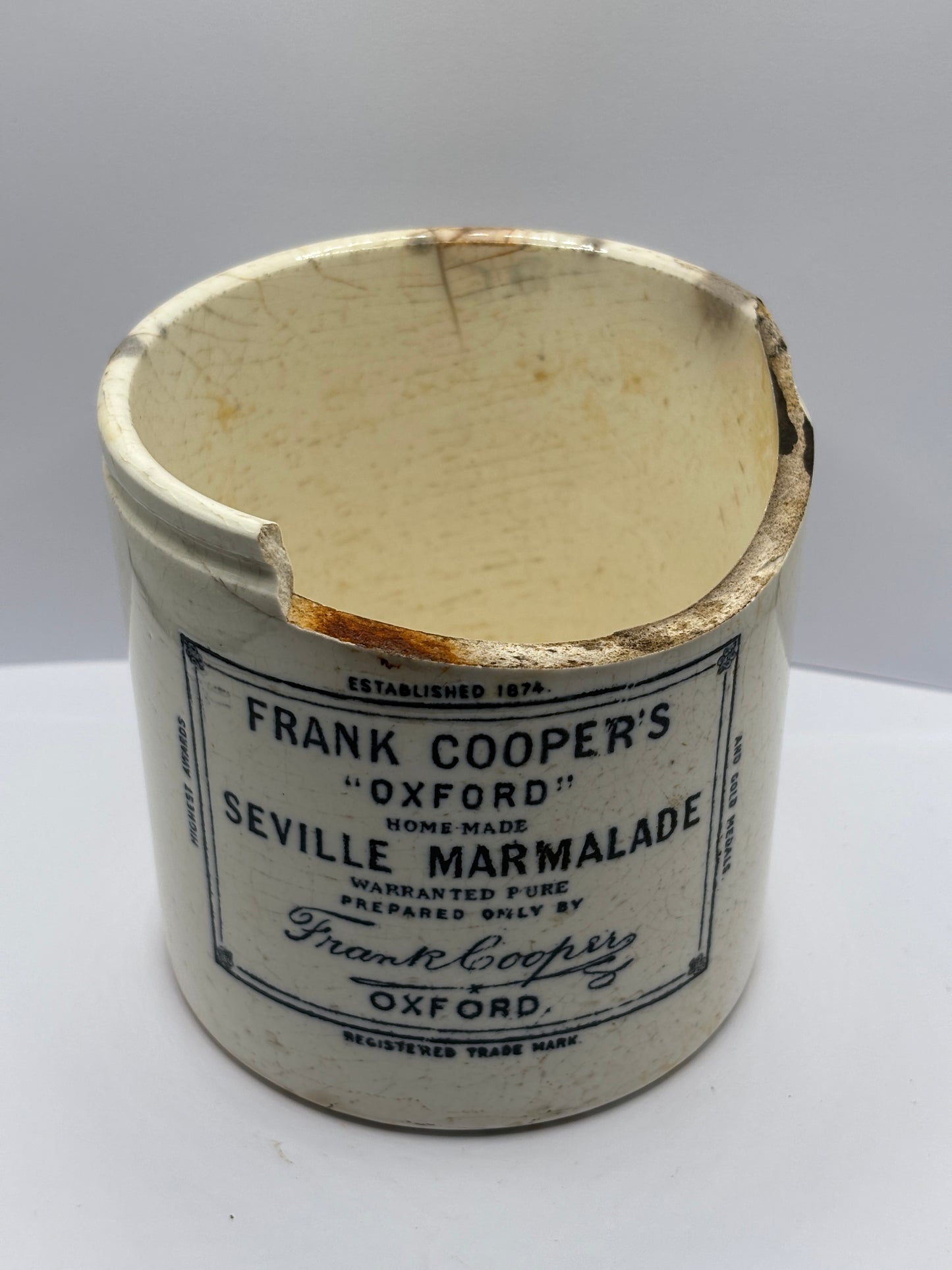 Old 2lb frank cooper marmalade jar, damaged