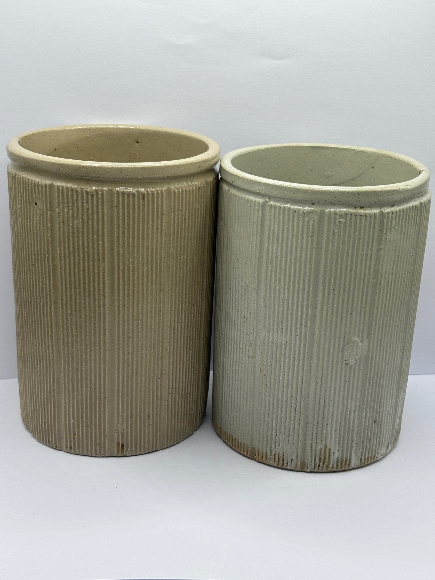2 old ribbed stoneware jam pots, 2lb size