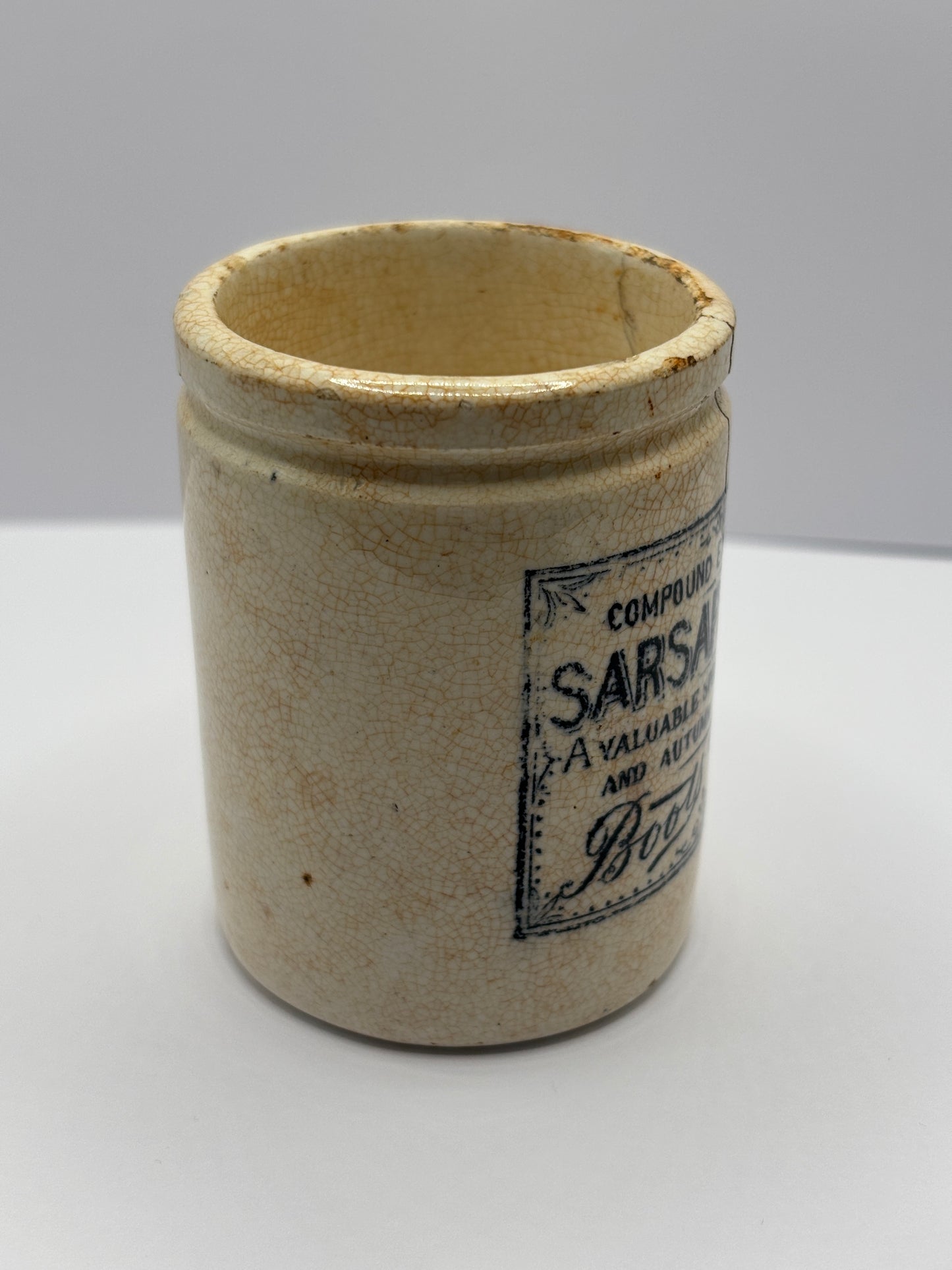 Old stained & crazed advertising Boots sarsaparilla jar