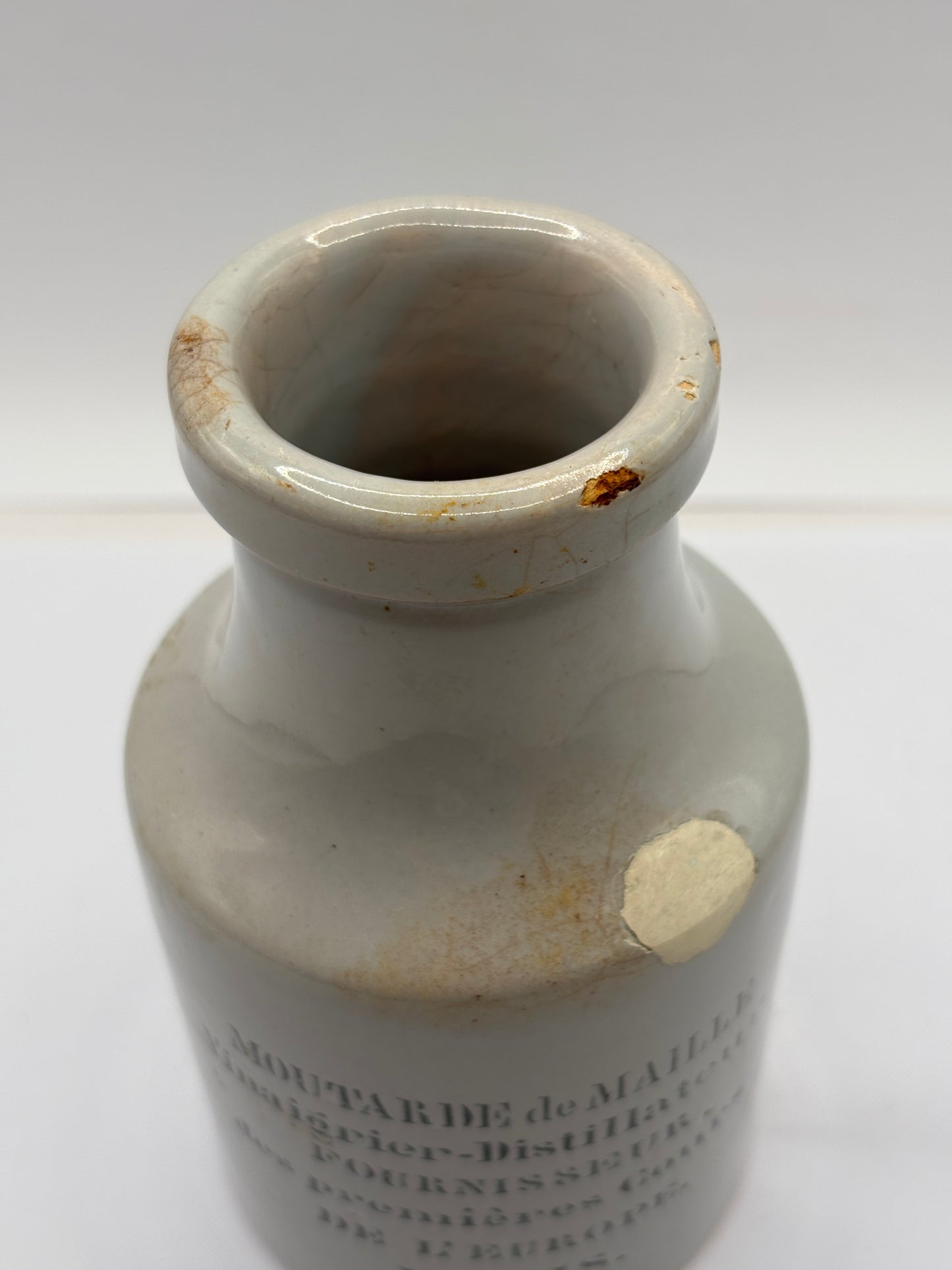 Old advertising french mustard jar, moutarde de maille. Repair