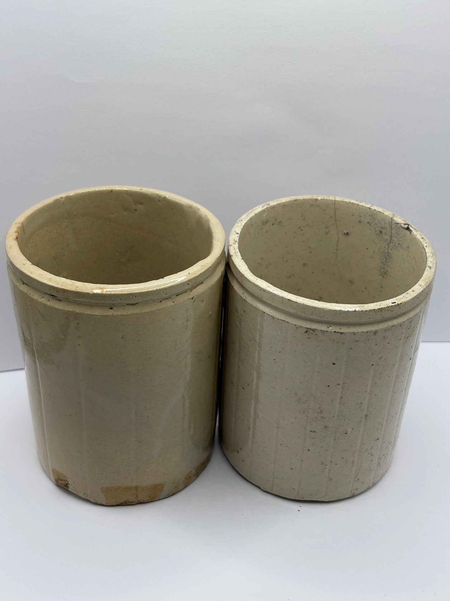 2 old ribbed stoneware jam pots, 1lb size