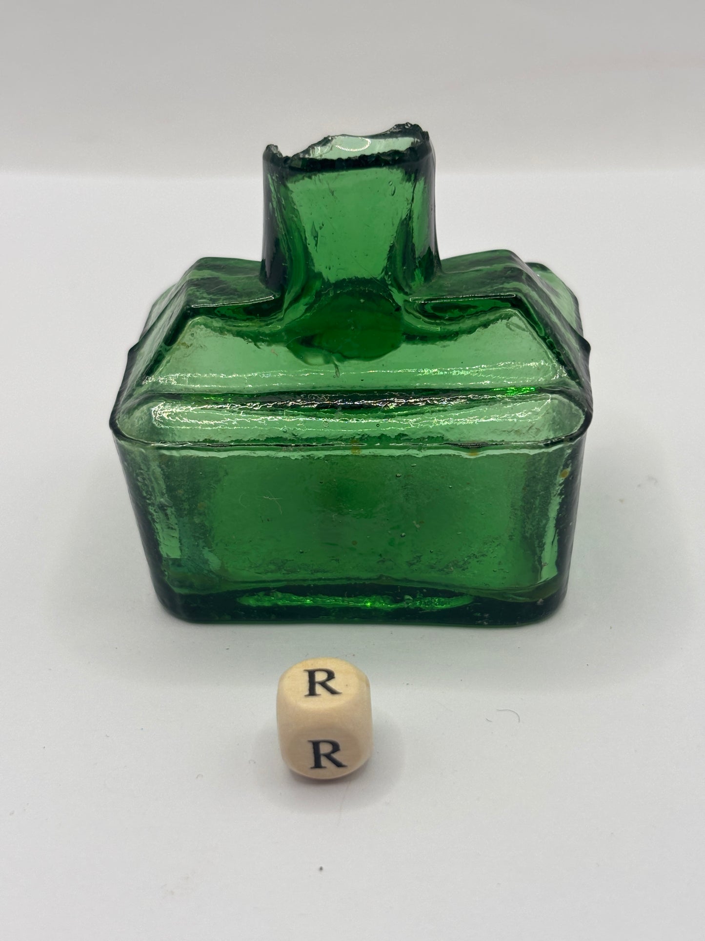 Old green glass boat ink, inkwell (R)